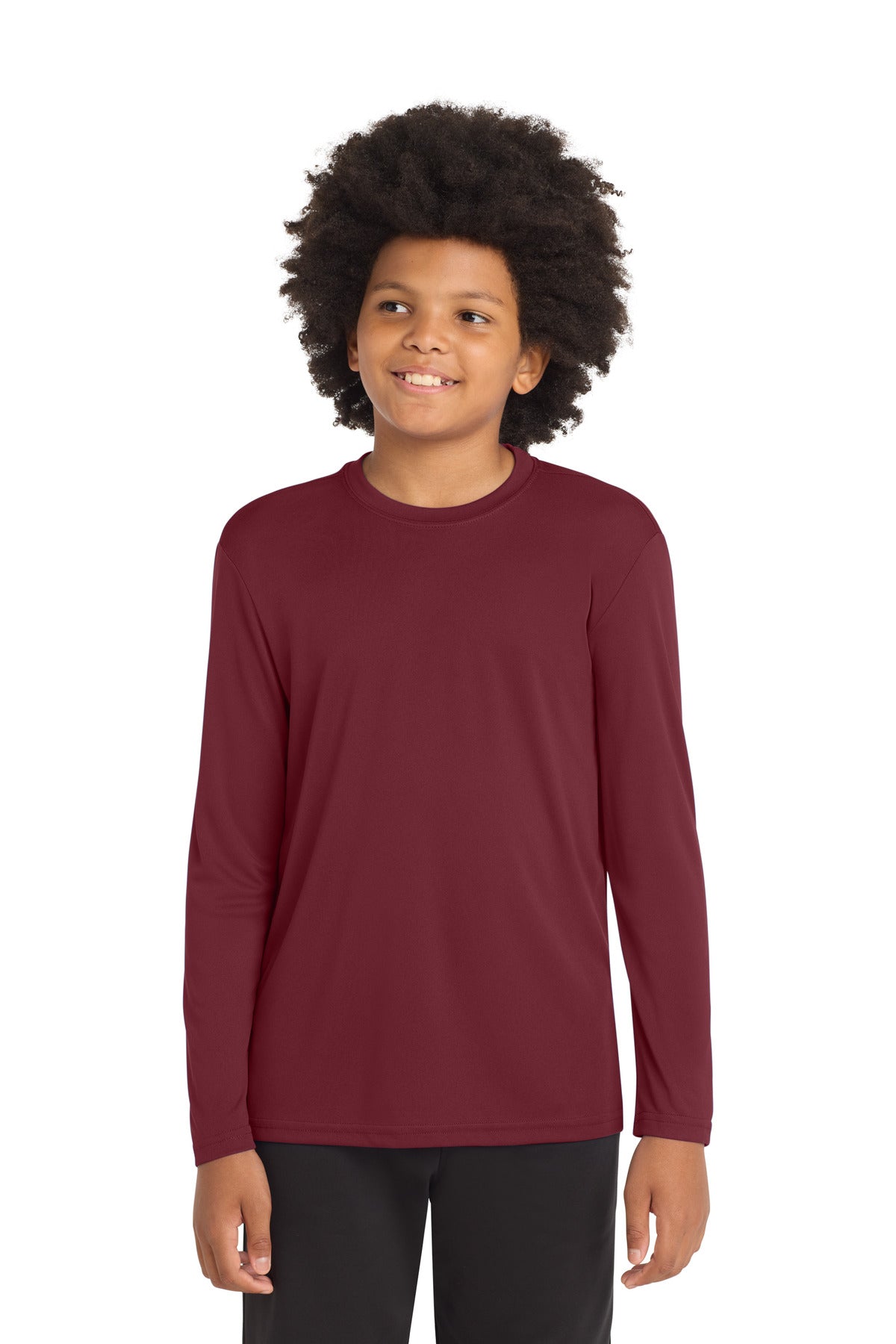 Custom Maroon Youth Long Sleeve Competitor Tee YST350LS, personalized by SanCanDo Swag in Argyle, TX