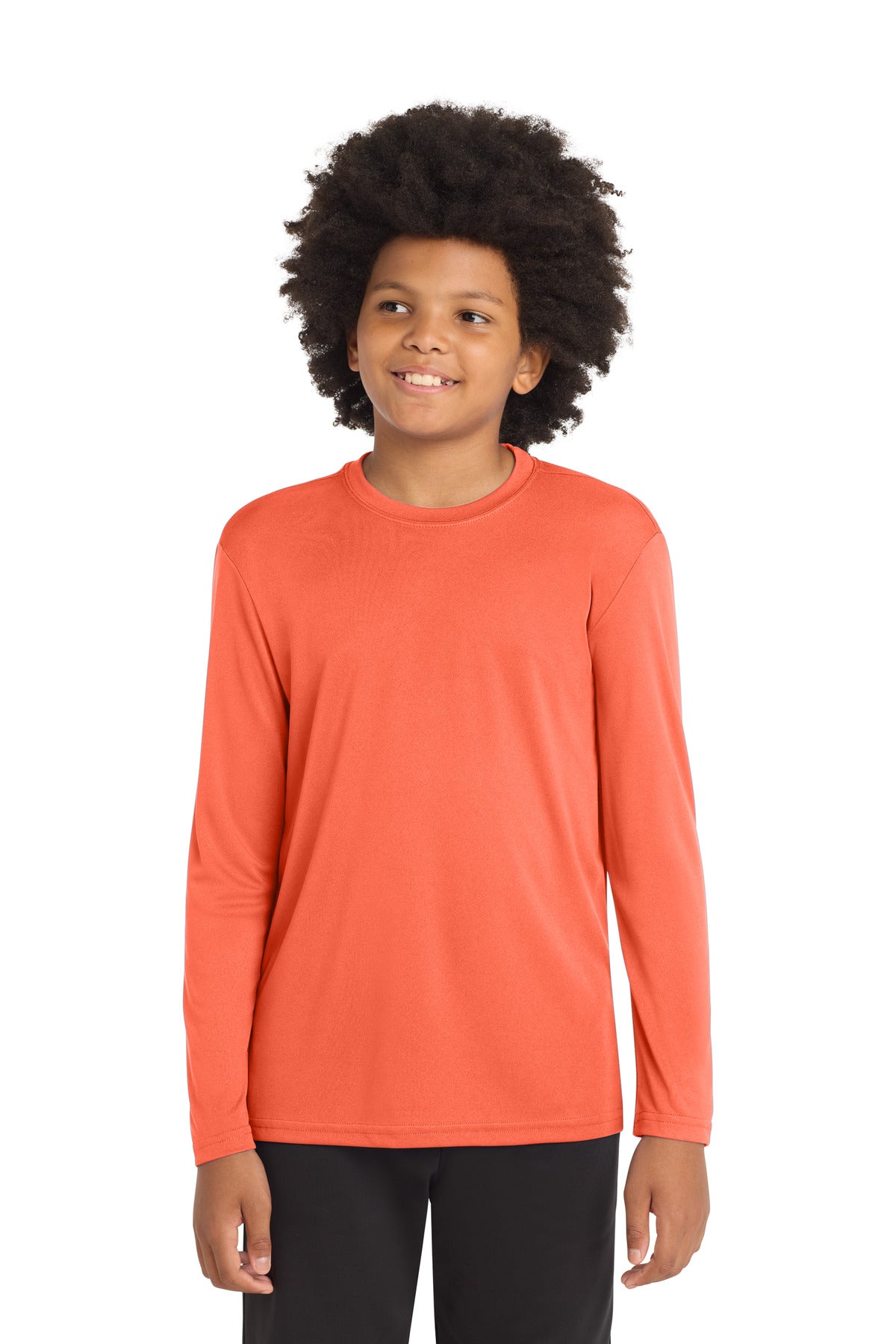 Custom Neon Orange Youth Long Sleeve Competitor Tee YST350LS, personalized by SanCanDo Swag in Argyle, TX