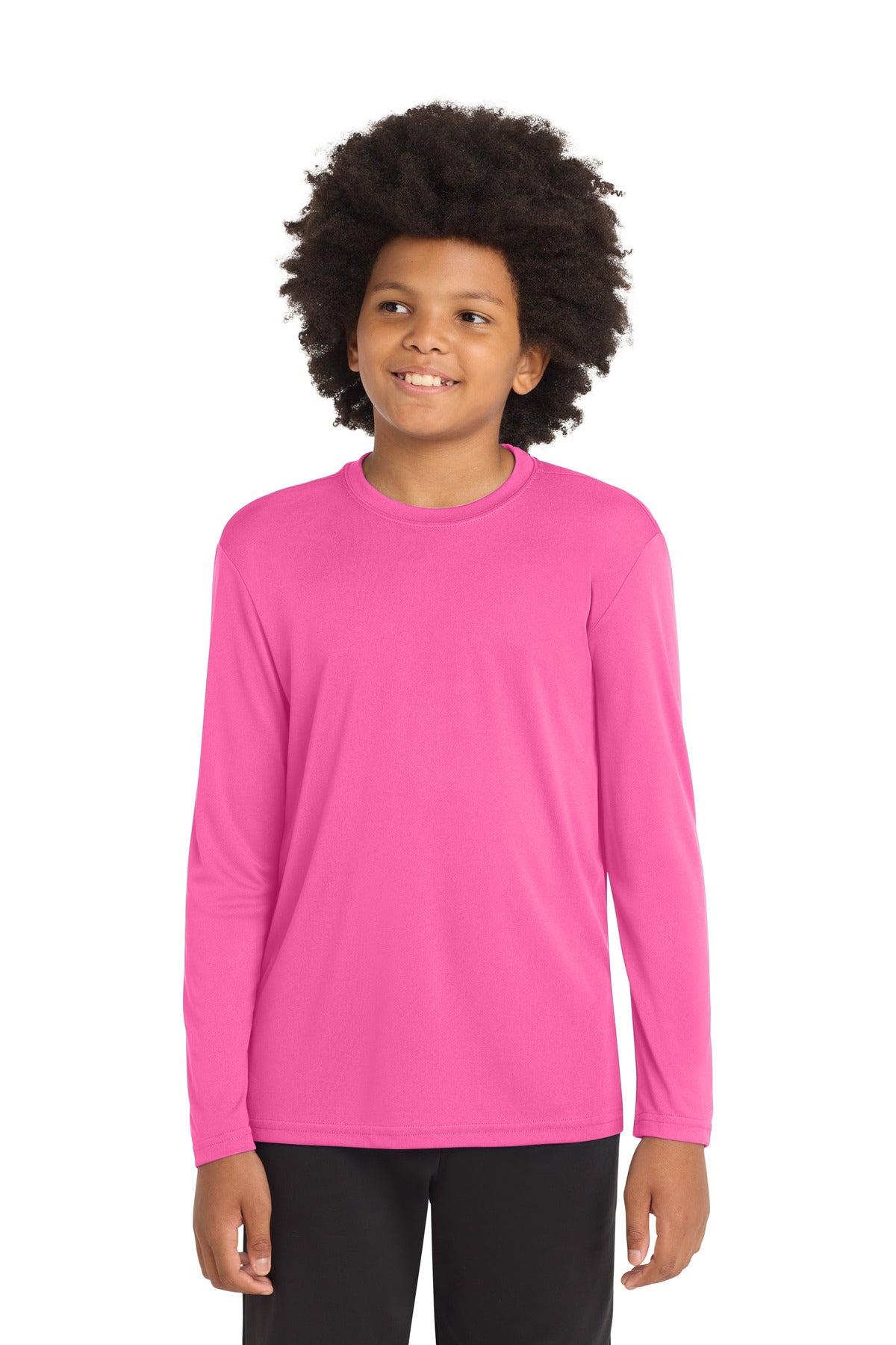 Custom Neon Pink Youth Long Sleeve Competitor Tee YST350LS, personalized by SanCanDo Swag in Argyle, TX