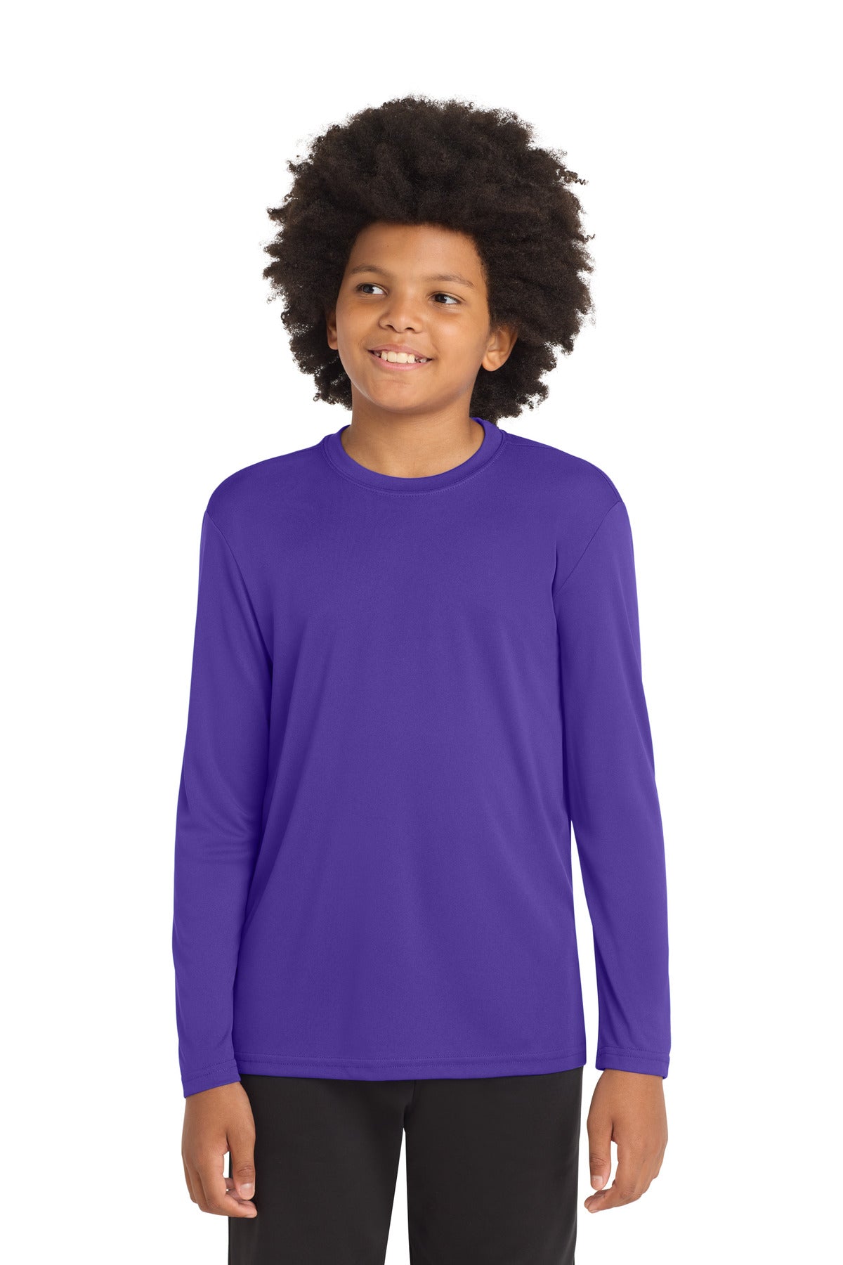 Custom Purple Youth Long Sleeve Competitor Tee YST350LS, personalized by SanCanDo Swag in Argyle, TX