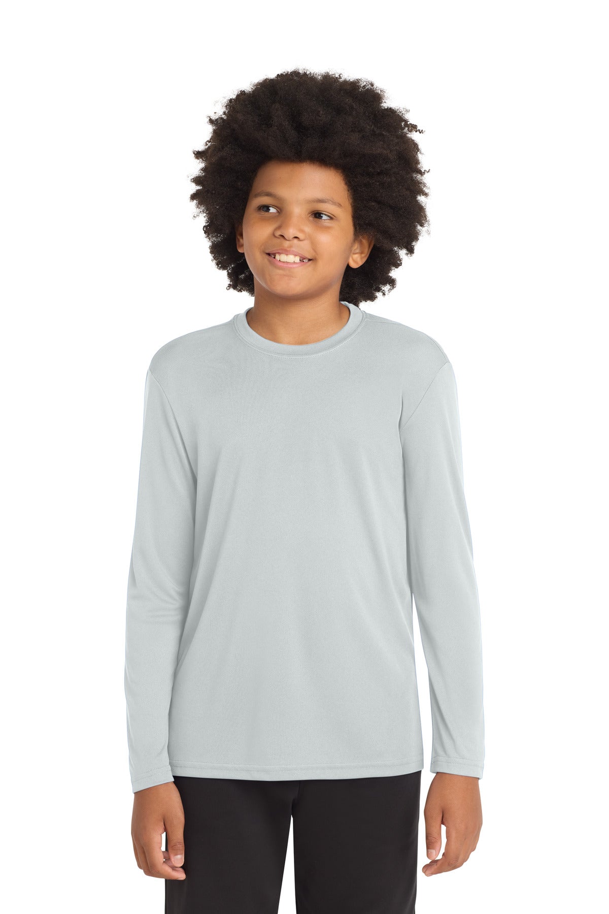 Custom Silver Youth Long Sleeve Competitor Tee YST350LS, personalized by SanCanDo Swag in Argyle, TX