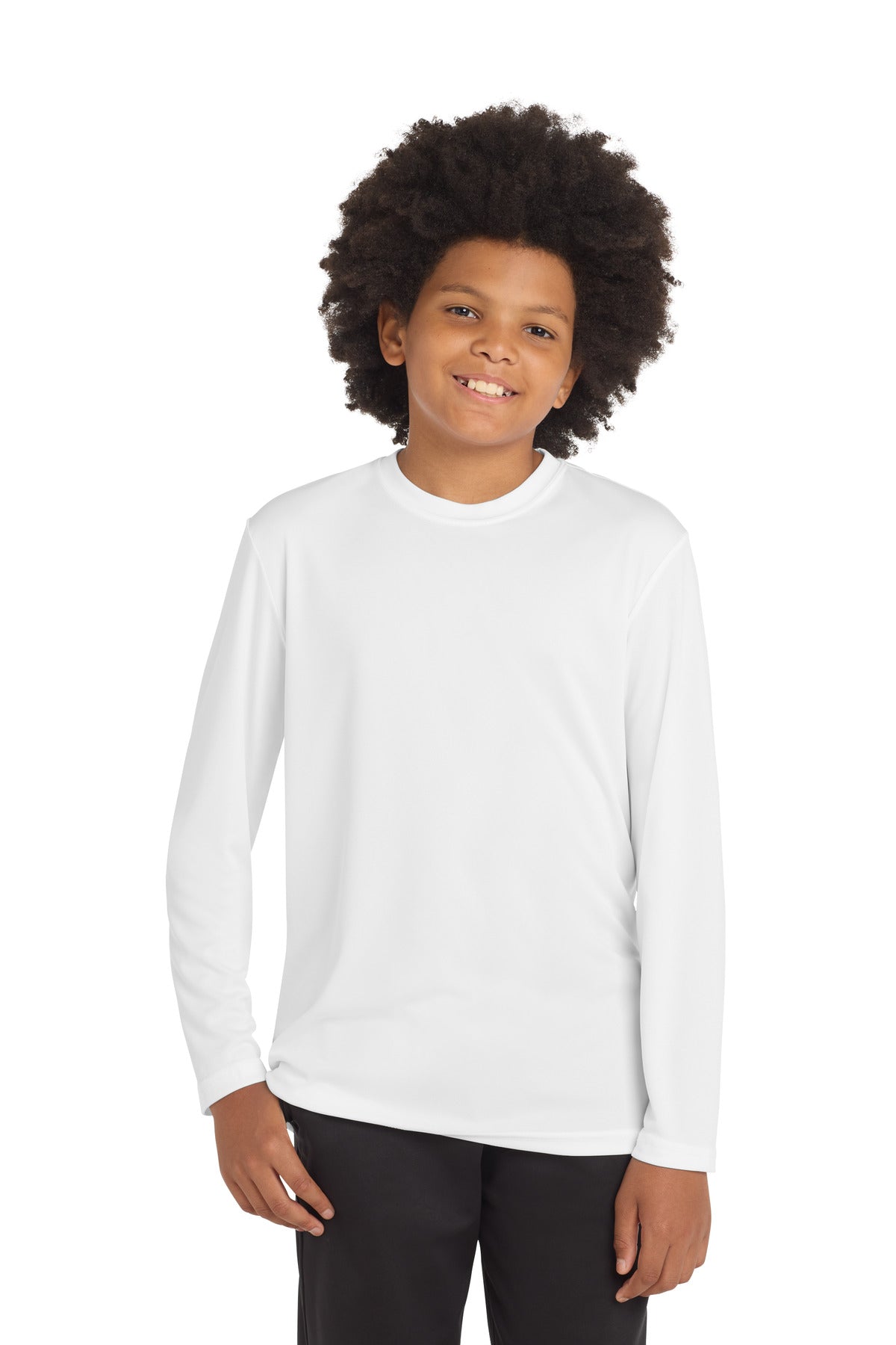 Custom White Youth Long Sleeve Competitor Tee YST350LS, personalized by SanCanDo Swag in Argyle, TX