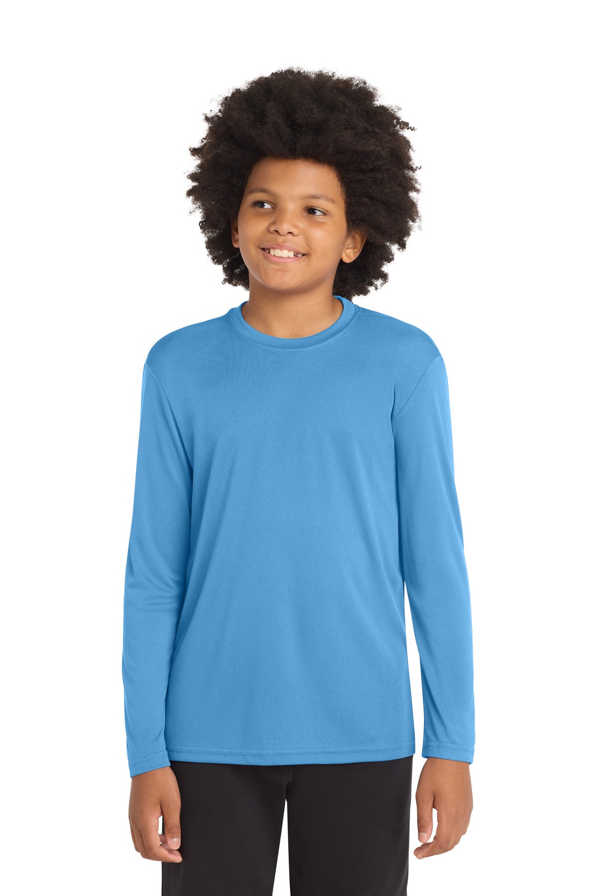 Custom Carolina Blue Youth Long Sleeve Competitor Tee YST350LS, personalized by SanCanDo Swag in Argyle, TX