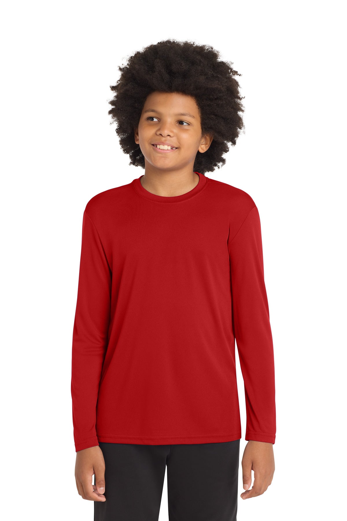 Custom Deep Red Youth Long Sleeve Competitor Tee YST350LS, personalized by SanCanDo Swag in Argyle, TX