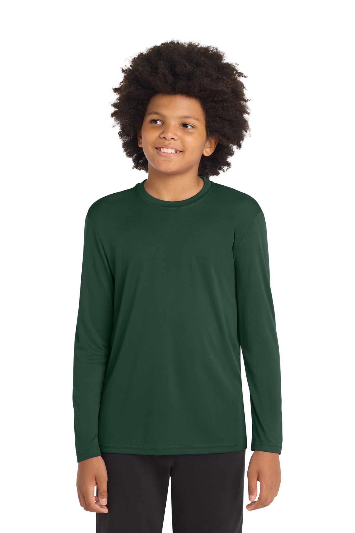 Custom Forest Green Youth Long Sleeve Competitor Tee YST350LS, personalized by SanCanDo Swag in Argyle, TX