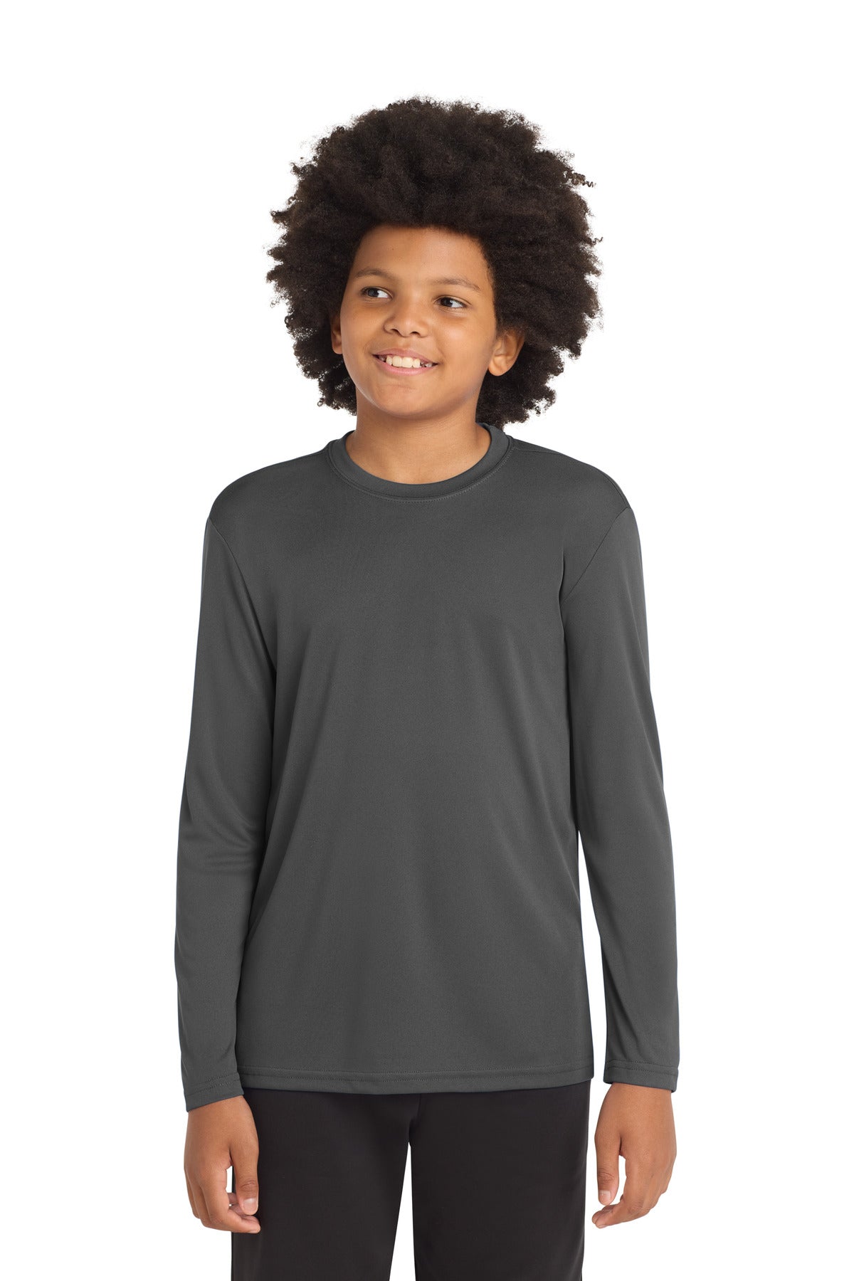 Custom Iron Grey Youth Long Sleeve Competitor Tee YST350LS, personalized by SanCanDo Swag in Argyle, TX