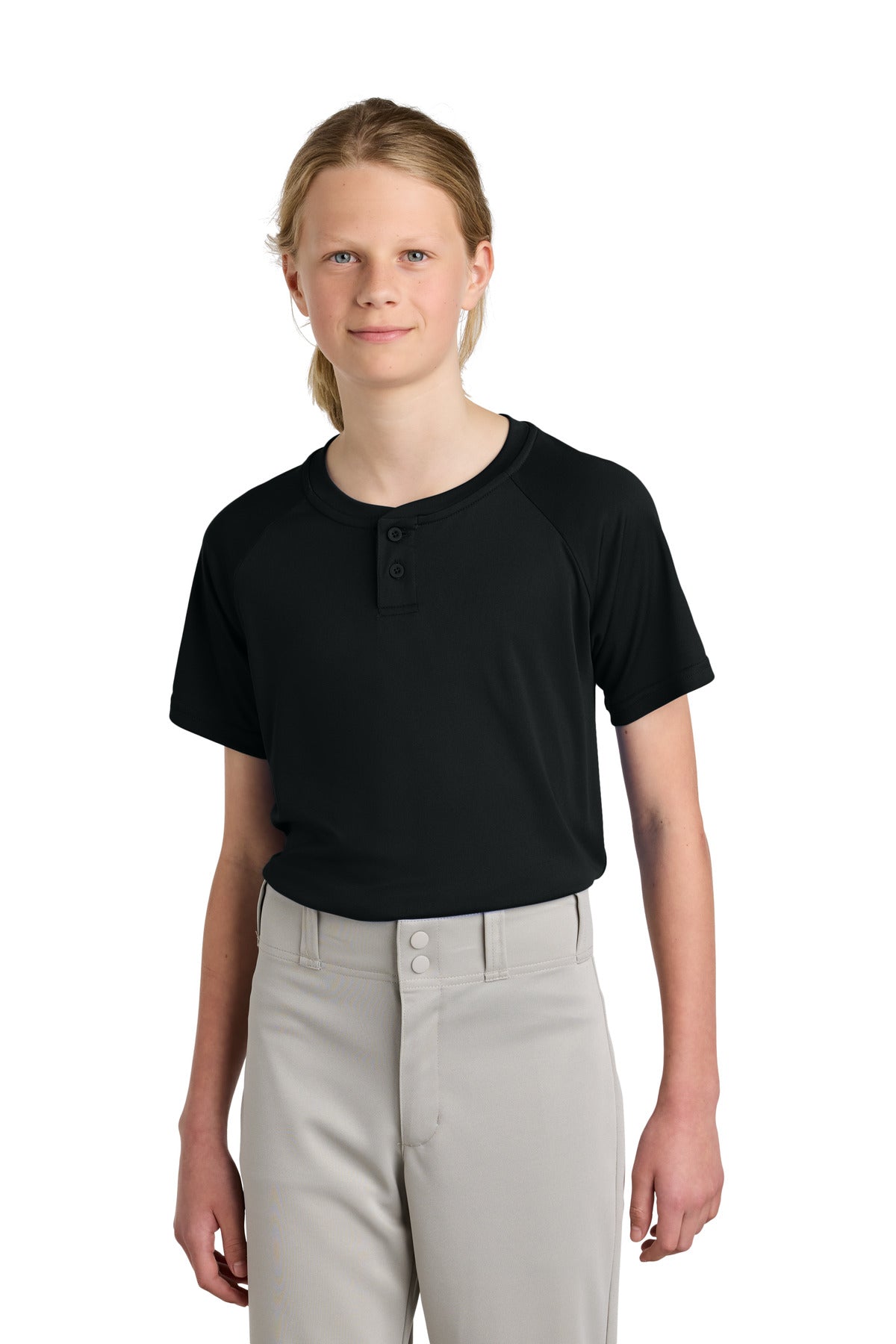 Custom Black PosiCharge Competitor 2-Button Henley YST359, personalized by SanCanDo Swag in Argyle, TX