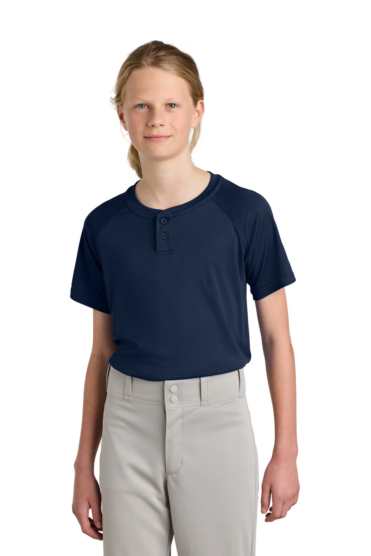 Custom True Navy PosiCharge Competitor 2-Button Henley YST359, personalized by SanCanDo Swag in Argyle, TX