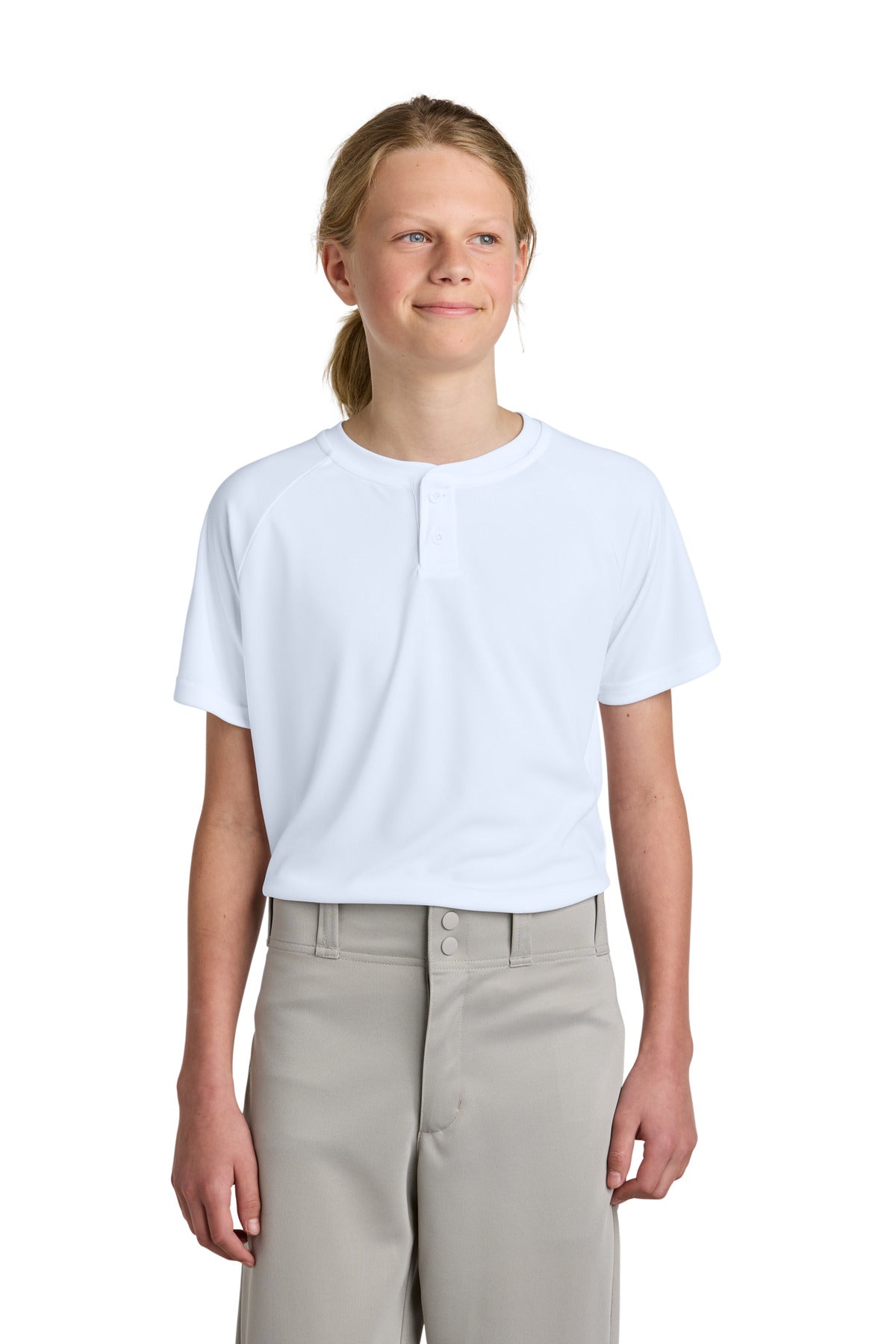 Custom White PosiCharge Competitor 2-Button Henley YST359, personalized by SanCanDo Swag in Argyle, TX