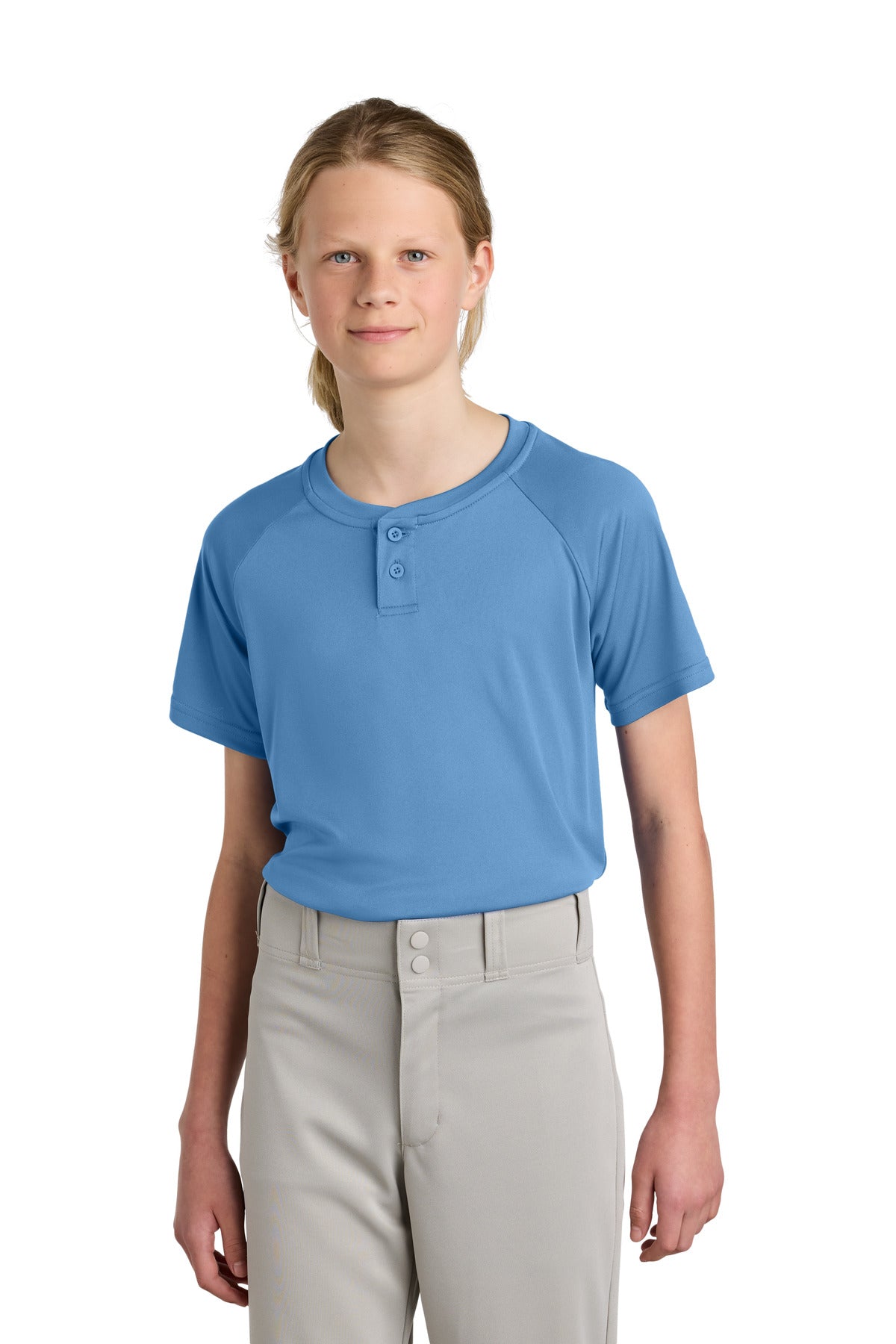 Custom Carolina Blue PosiCharge Competitor 2-Button Henley YST359, personalized by SanCanDo Swag in Argyle, TX