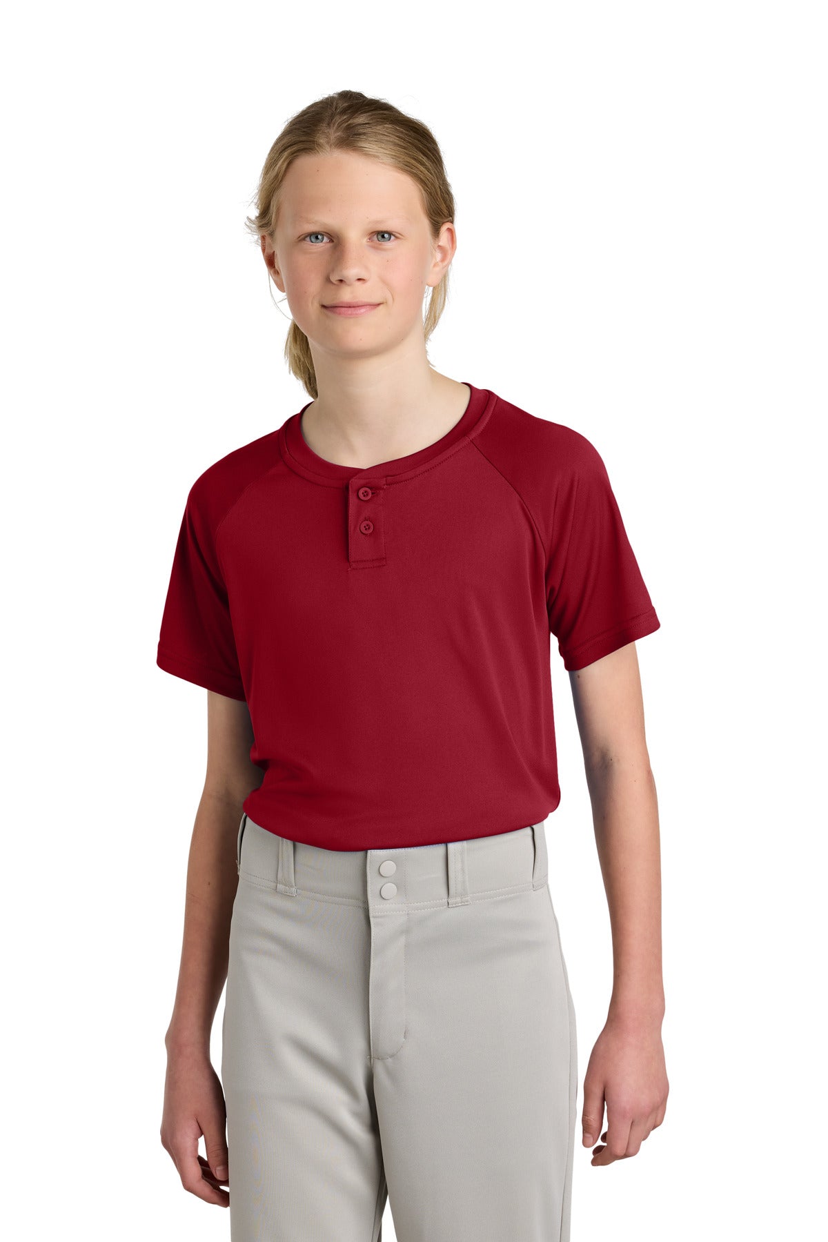 Custom Deep Red PosiCharge Competitor 2-Button Henley YST359, personalized by SanCanDo Swag in Argyle, TX