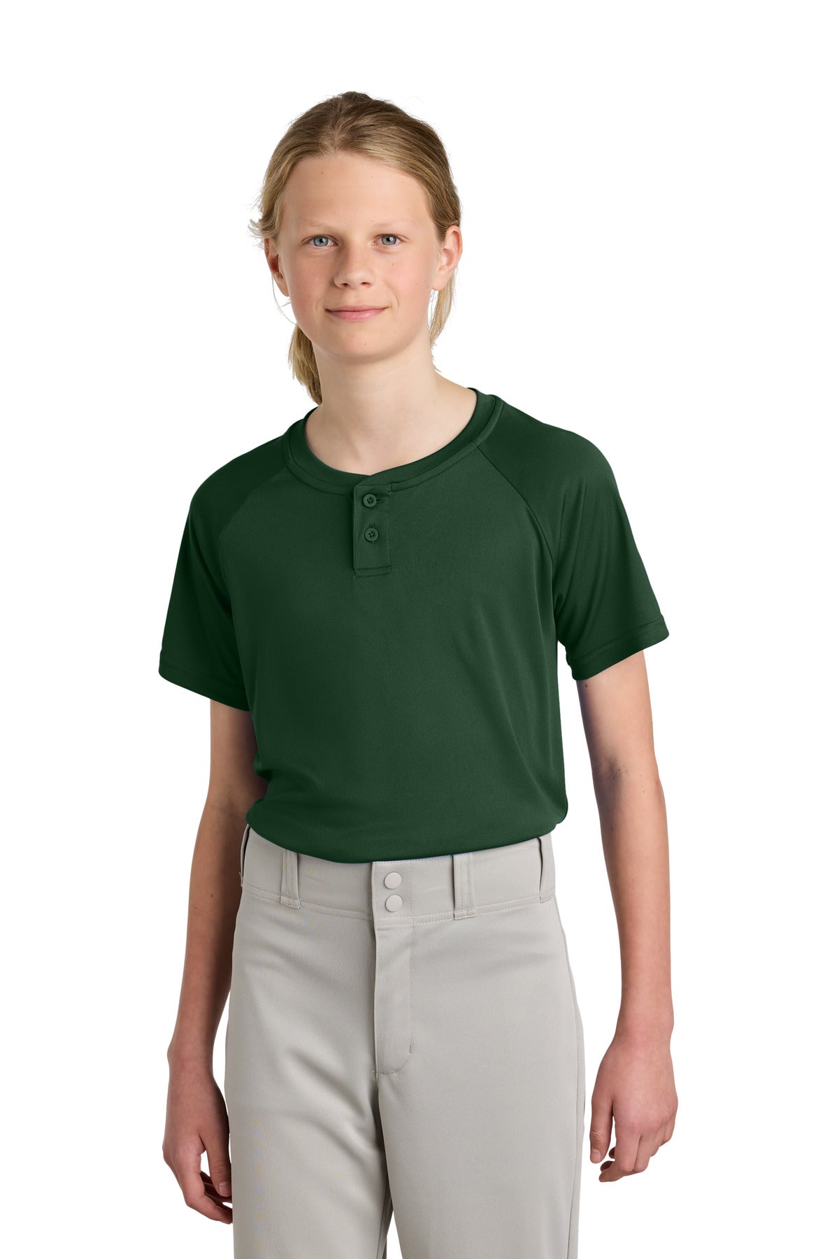 Custom Forest Green PosiCharge Competitor 2-Button Henley YST359, personalized by SanCanDo Swag in Argyle, TX