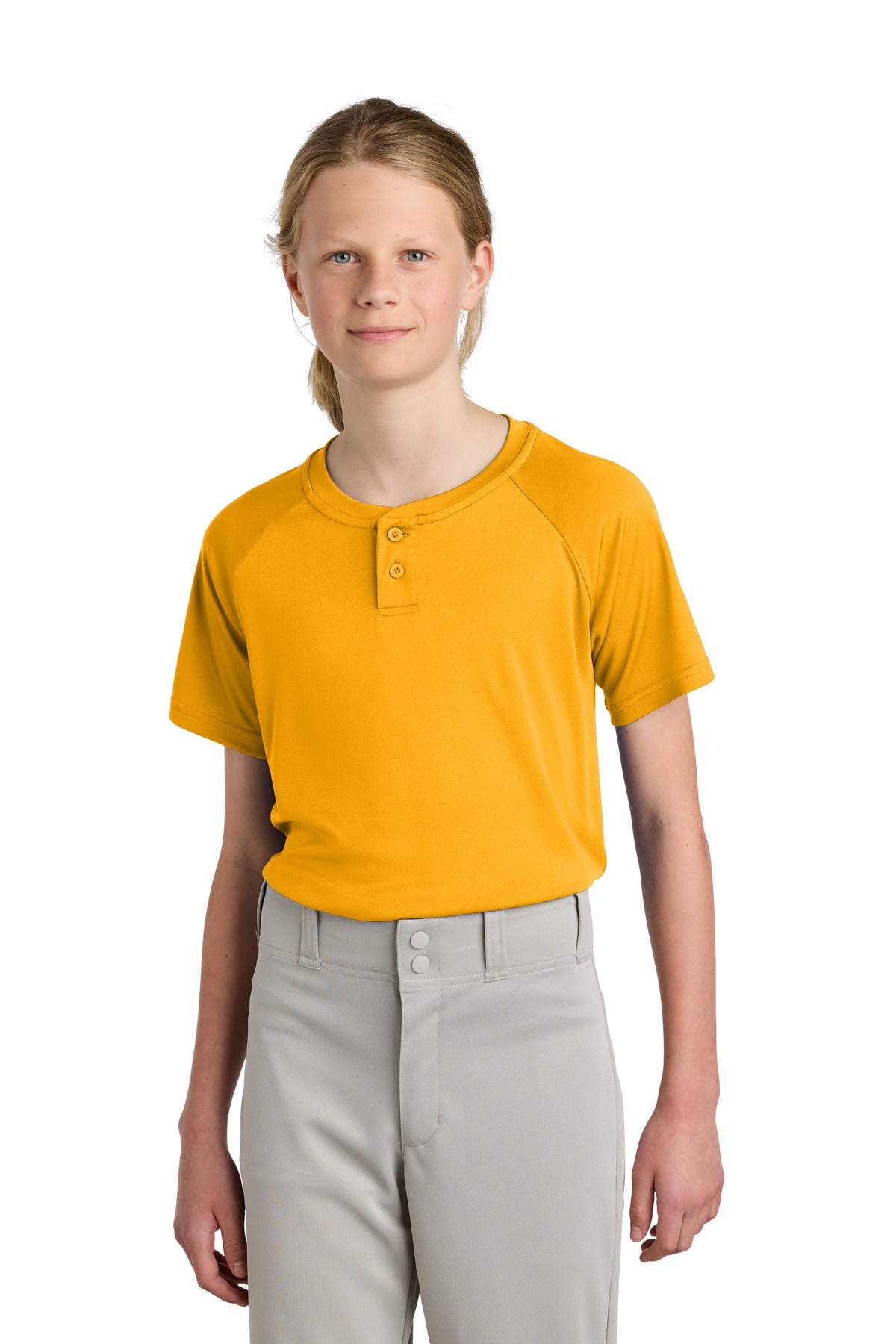Custom Gold PosiCharge Competitor 2-Button Henley YST359, personalized by SanCanDo Swag in Argyle, TX
