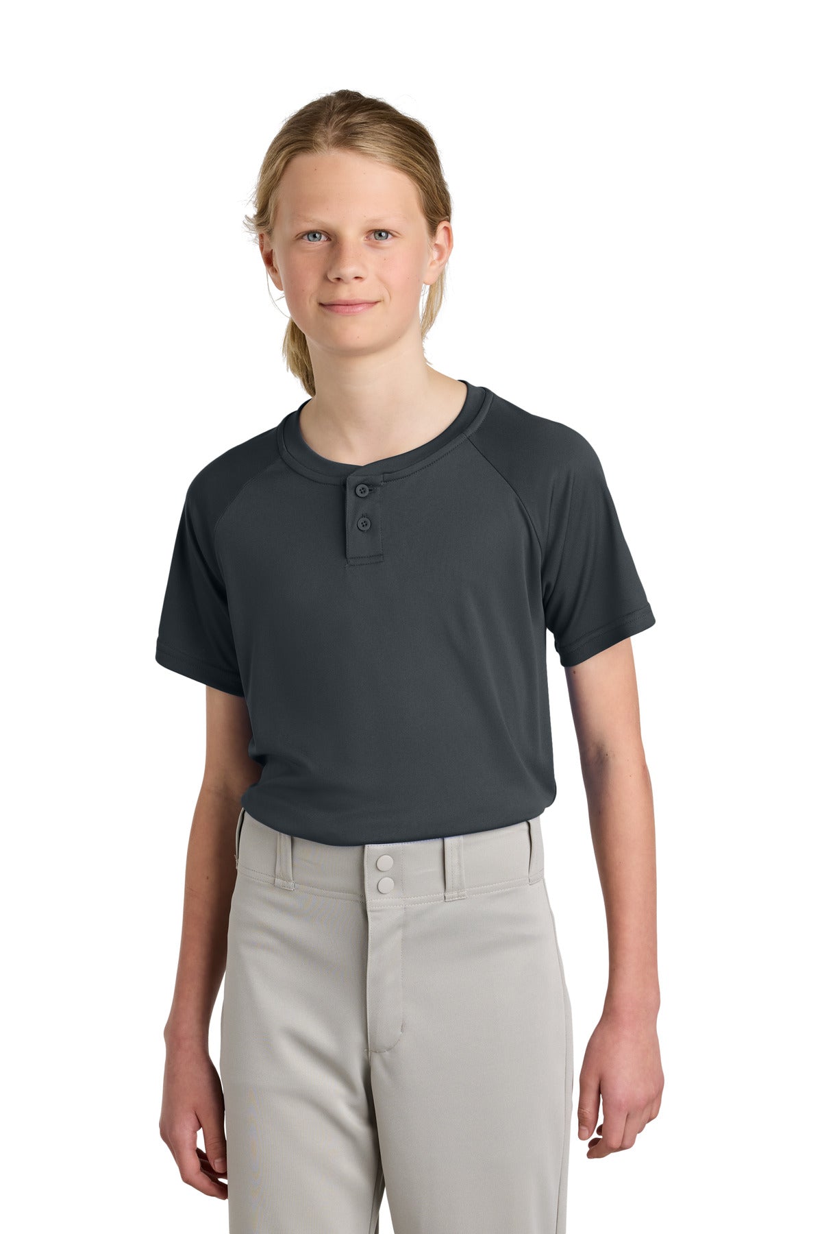 Custom Iron Grey PosiCharge Competitor 2-Button Henley YST359, personalized by SanCanDo Swag in Argyle, TX
