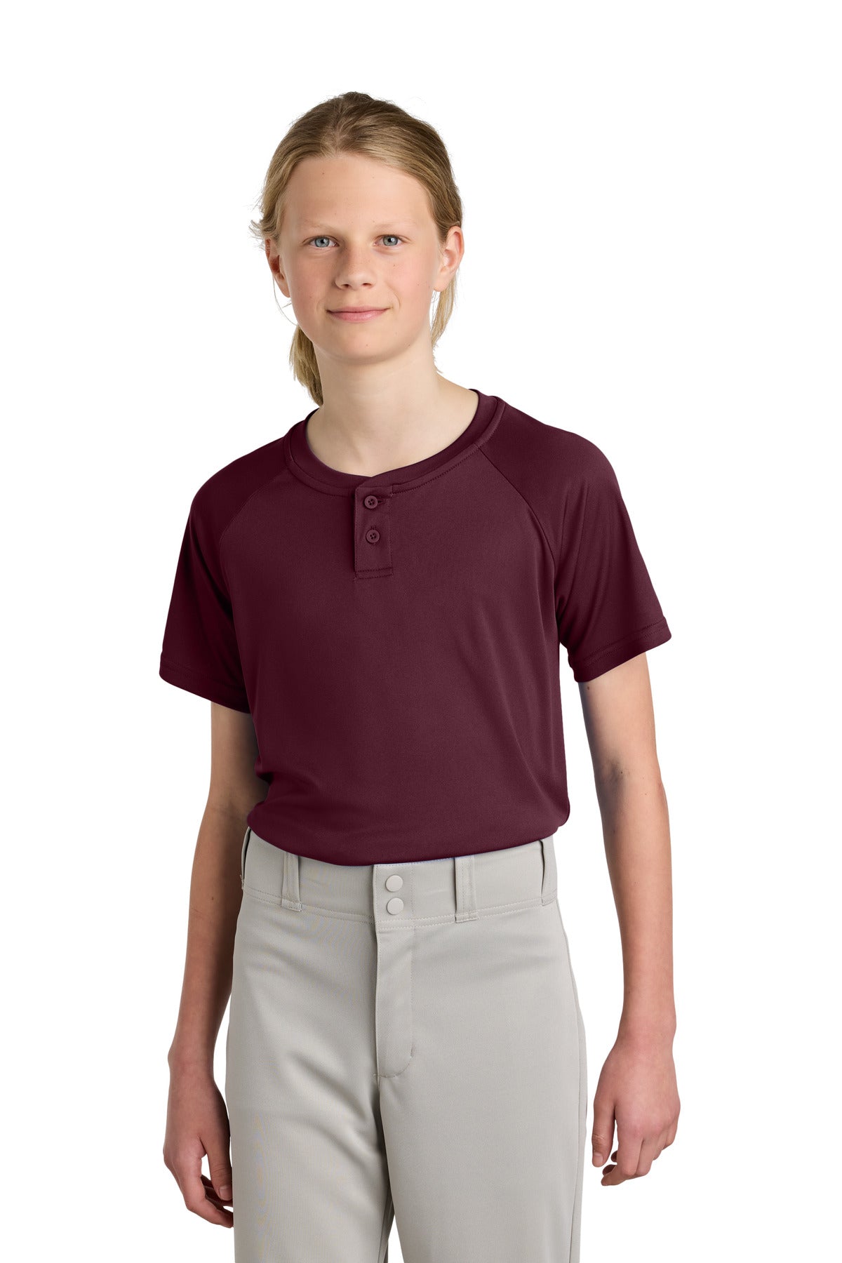 Custom Maroon PosiCharge Competitor 2-Button Henley YST359, personalized by SanCanDo Swag in Argyle, TX