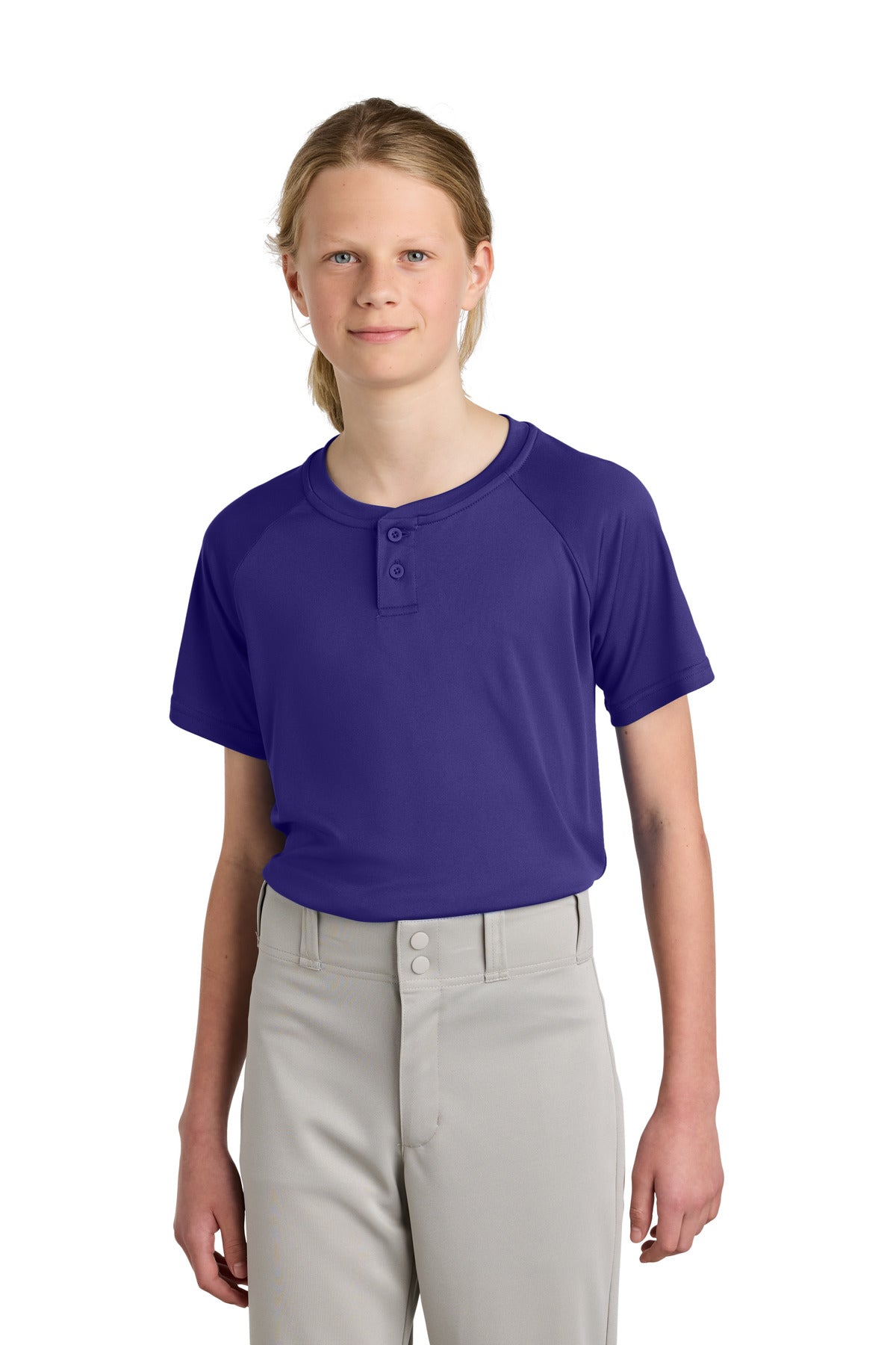 Custom Purple PosiCharge Competitor 2-Button Henley YST359, personalized by SanCanDo Swag in Argyle, TX