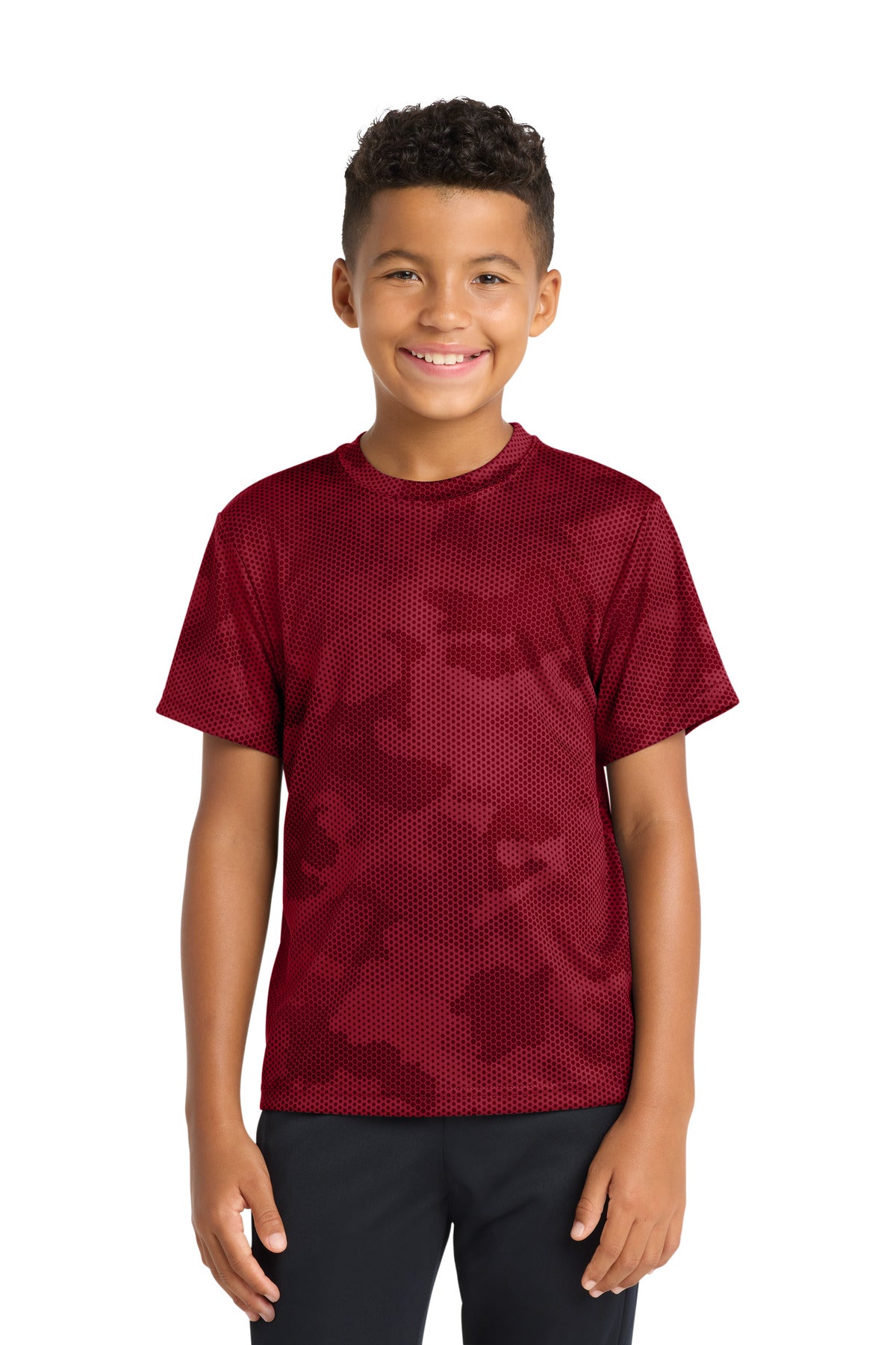 Custom Deep Red Youth CamoHex Tee YST370, personalized by SanCanDo Swag in Argyle, TX
