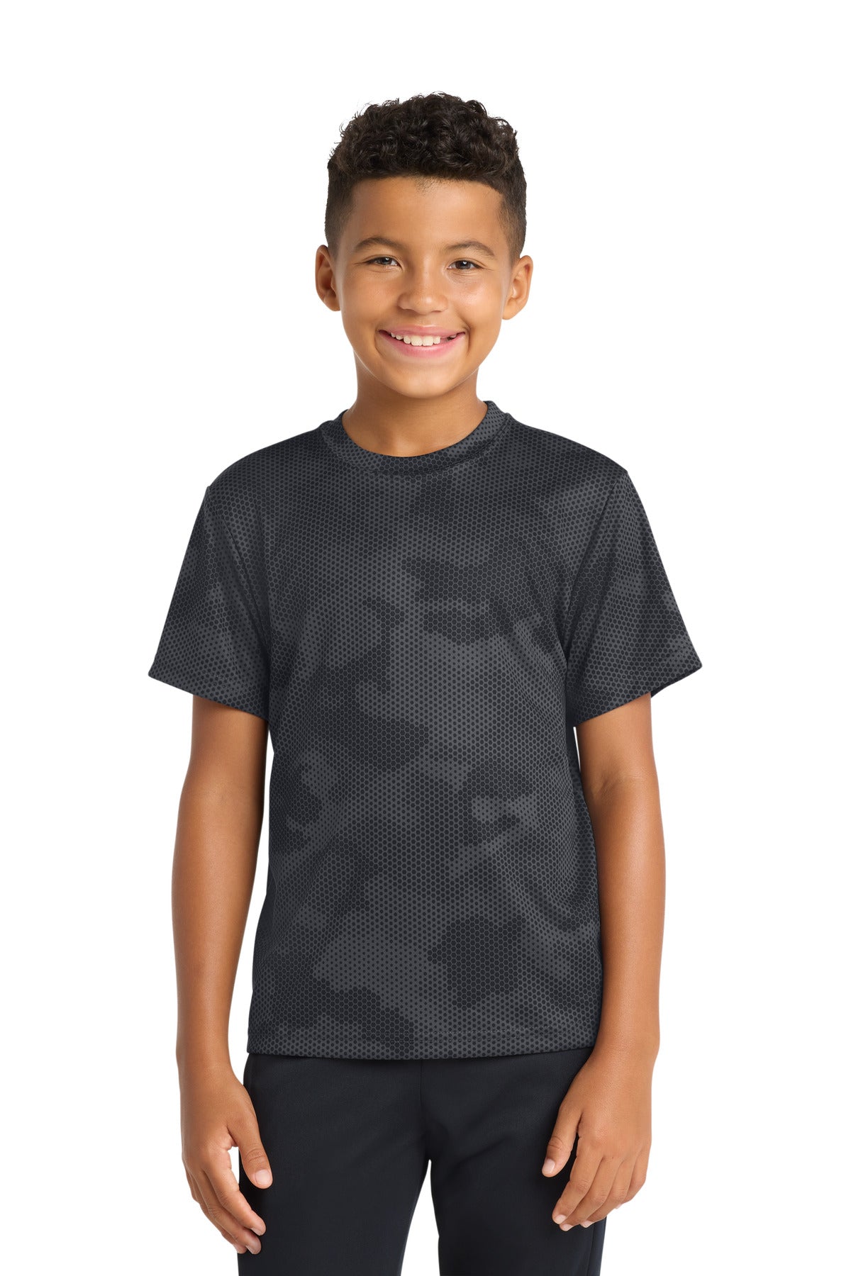Custom Iron Grey Youth CamoHex Tee YST370, personalized by SanCanDo Swag in Argyle, TX