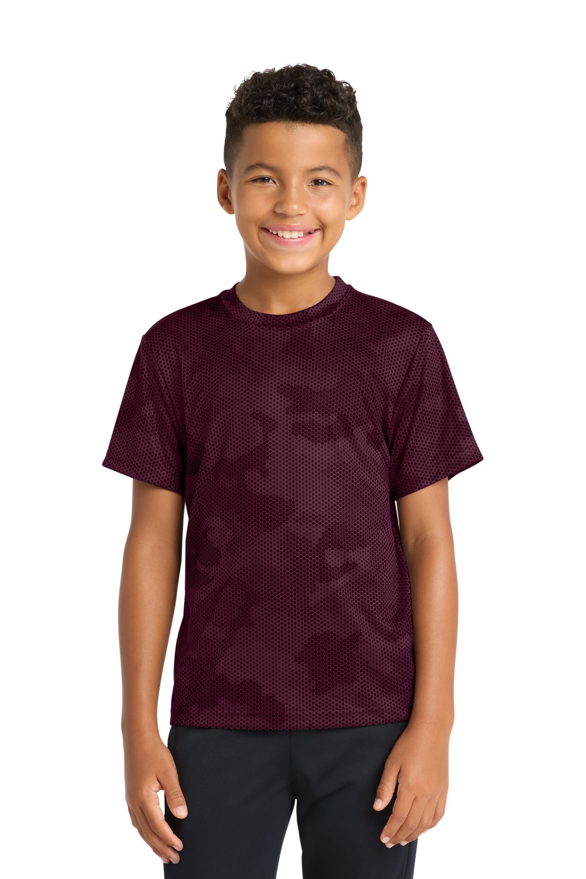 Custom Maroon Youth CamoHex Tee YST370, personalized by SanCanDo Swag in Argyle, TX