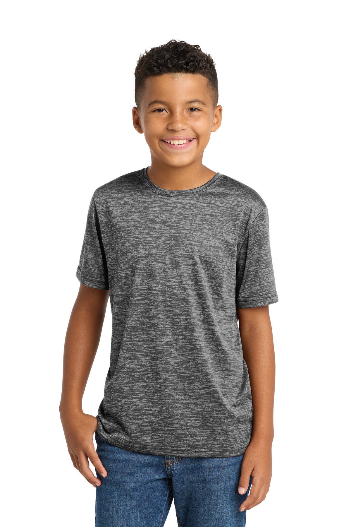 Custom Grey-Black Electric Youth PosiCharge Electric Heather Tee YST390, personalized by SanCanDo Swag in Argyle, TX
