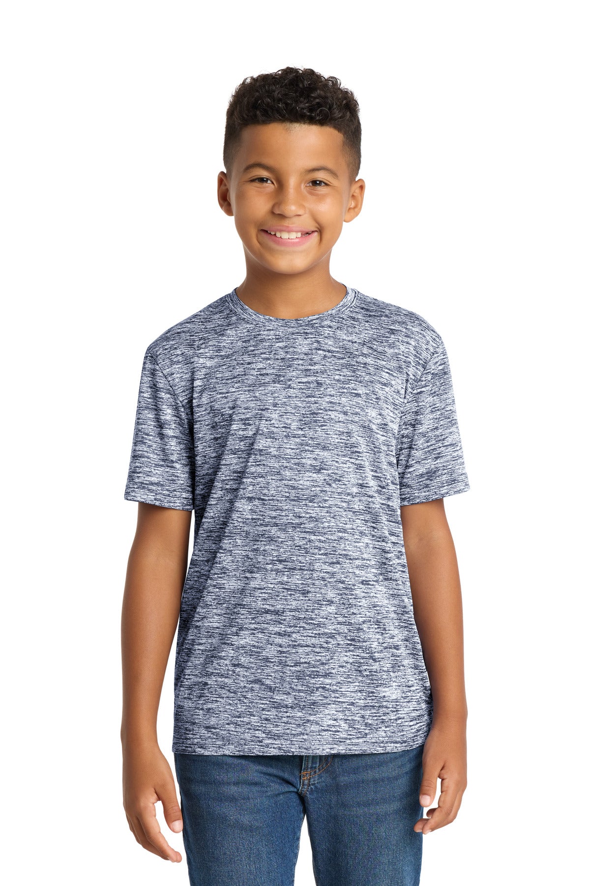 Custom True Navy Electric Youth PosiCharge Electric Heather Tee YST390, personalized by SanCanDo Swag in Argyle, TX