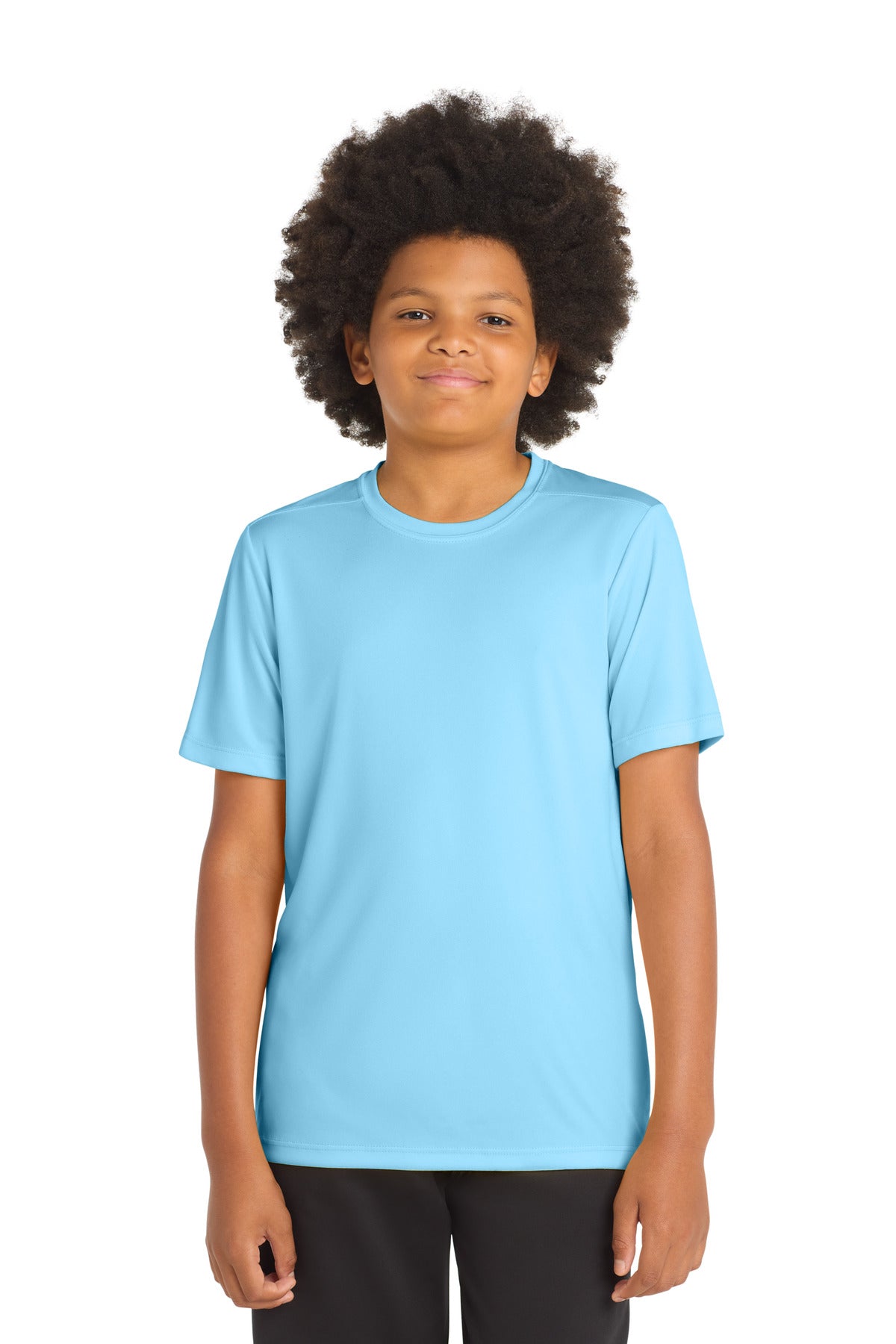 Custom Light Blue Youth Posi-UV Pro Tee YST420, personalized by SanCanDo Swag in Argyle, TX