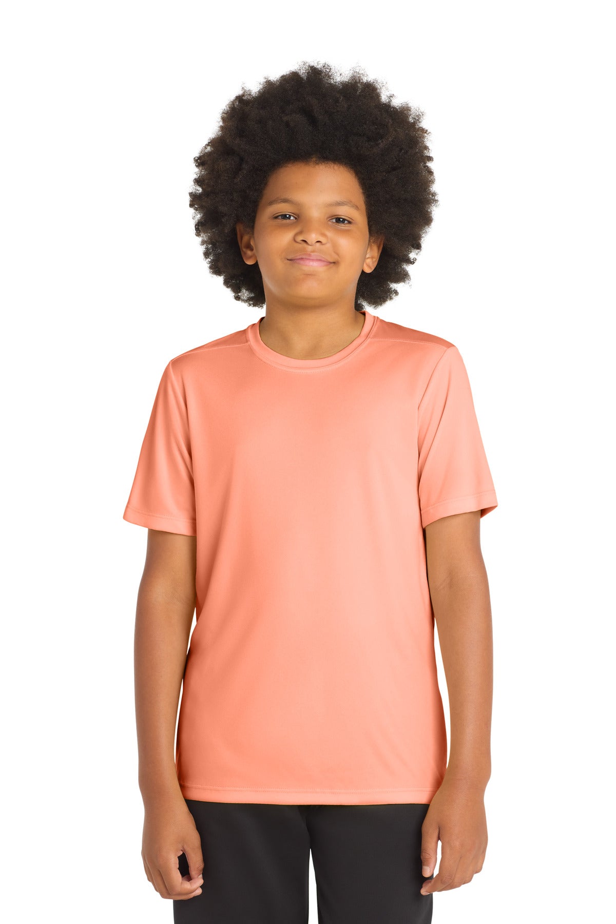 Custom Soft Coral Youth Posi-UV Pro Tee YST420, personalized by SanCanDo Swag in Argyle, TX