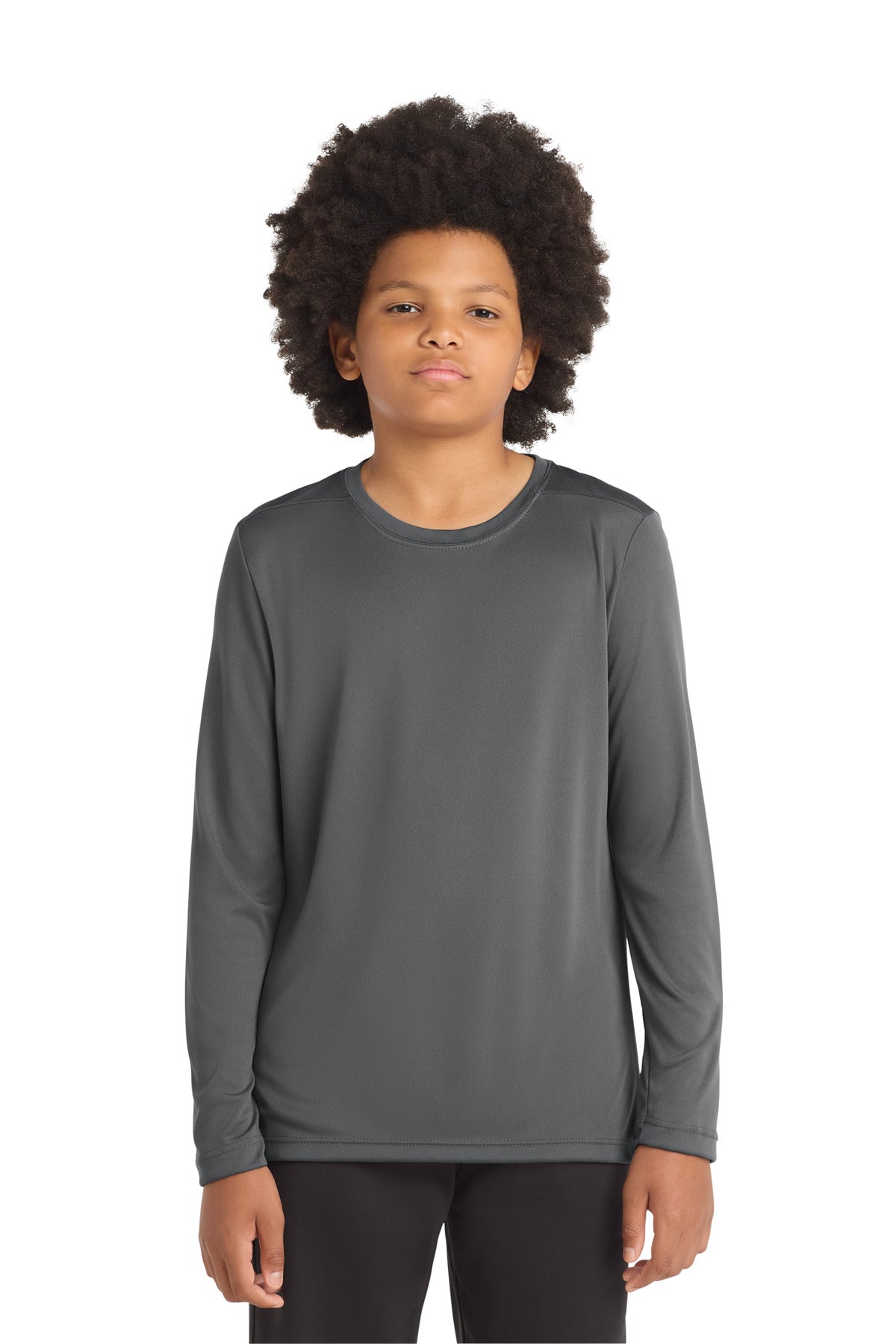 Custom Dark Smoke Grey Youth Posi-UV Pro Long Sleeve Tee YST420LS, personalized by SanCanDo Swag in Argyle, TX