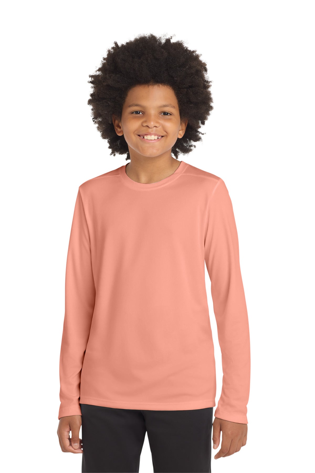 Custom Soft Coral Youth Posi-UV Pro Long Sleeve Tee YST420LS, personalized by SanCanDo Swag in Argyle, TX
