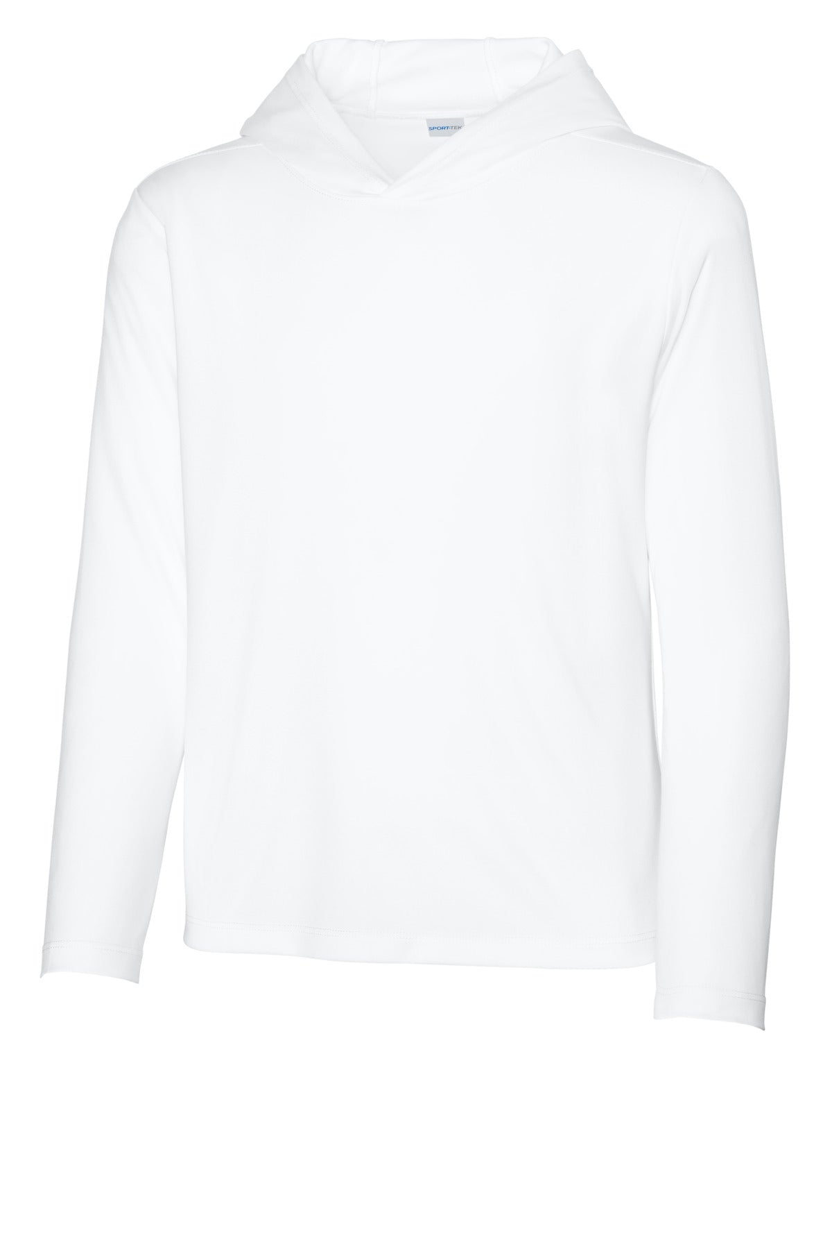 Custom White Youth Posi-UV Pro Long Sleeve Hoodie YST420LSH, personalized by SanCanDo Swag in Argyle, TX