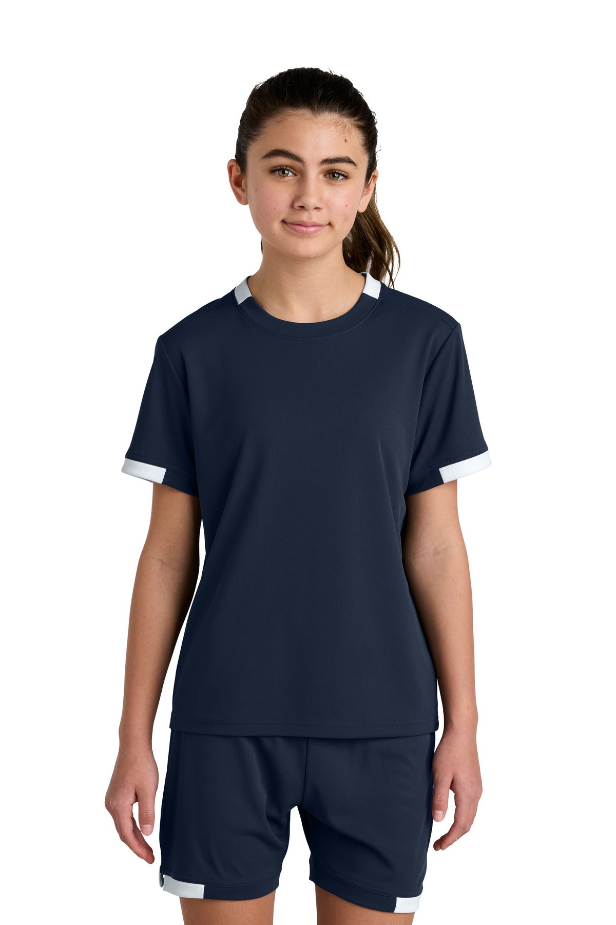 Custom True Navy/ White Youth Club Short Sleeve Crew YST440, personalized by SanCanDo Swag in Argyle, TX