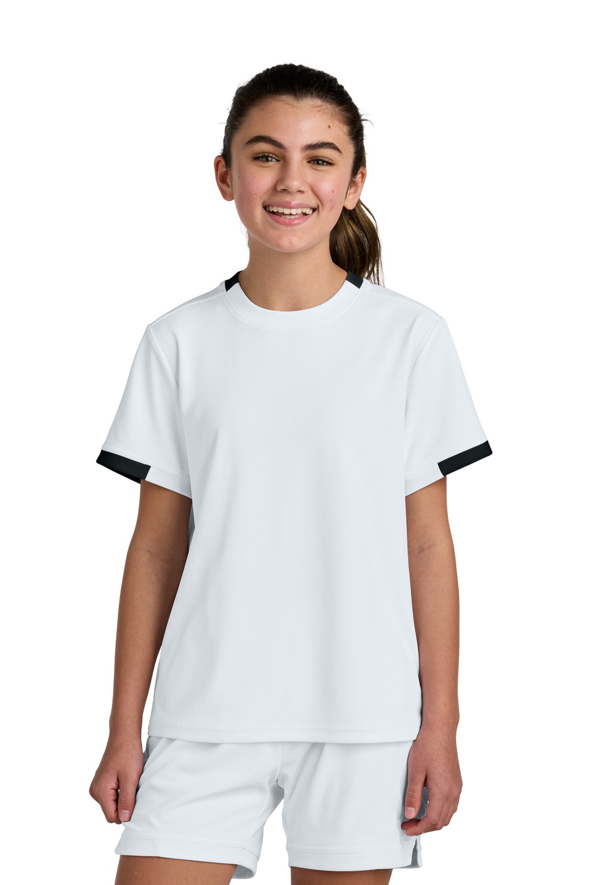 Custom White/ Black Youth Club Short Sleeve Crew YST440, personalized by SanCanDo Swag in Argyle, TX