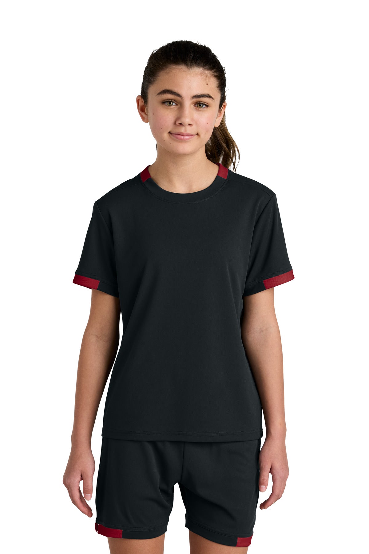 Custom Black/ Deep Red Youth Club Short Sleeve Crew YST440, personalized by SanCanDo Swag in Argyle, TX