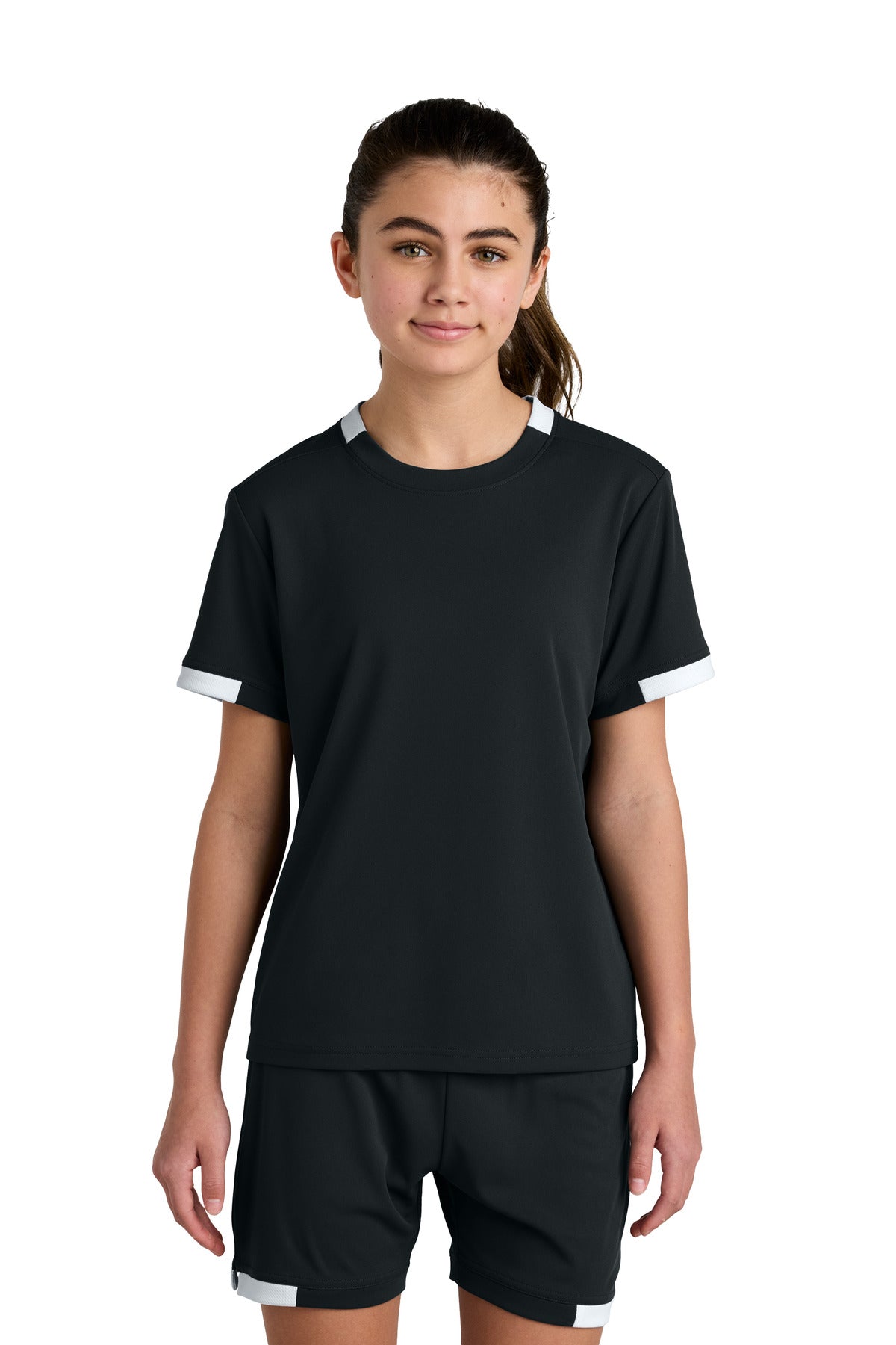 Custom Black/ White Youth Club Short Sleeve Crew YST440, personalized by SanCanDo Swag in Argyle, TX