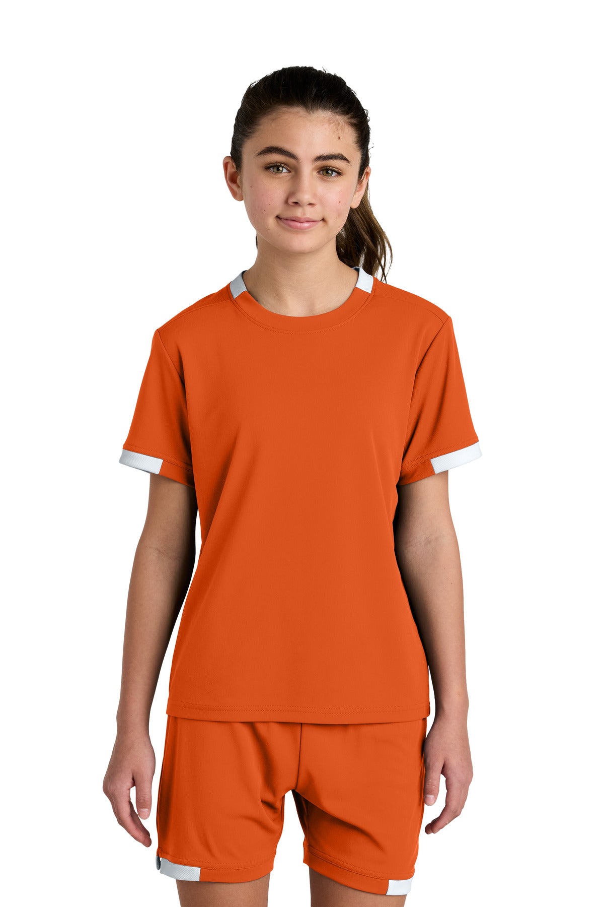 Custom Deep Orange/ White Youth Club Short Sleeve Crew YST440, personalized by SanCanDo Swag in Argyle, TX