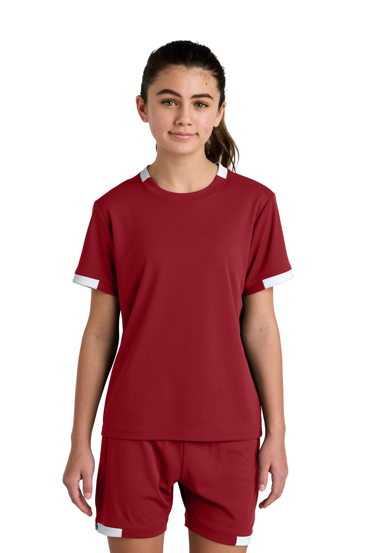 Custom Deep Red/ White Youth Club Short Sleeve Crew YST440, personalized by SanCanDo Swag in Argyle, TX