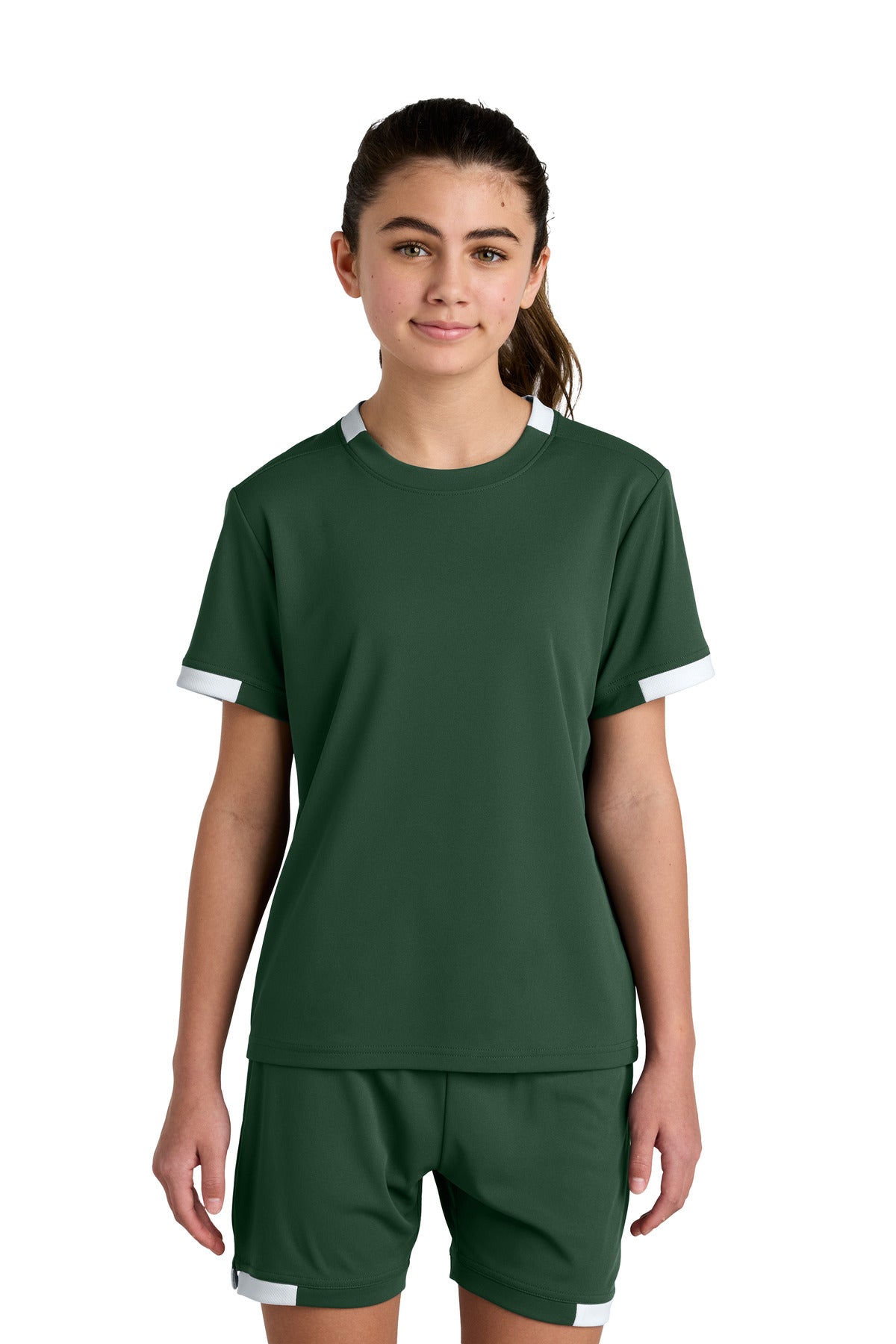 Custom Forest Green/ White Youth Club Short Sleeve Crew YST440, personalized by SanCanDo Swag in Argyle, TX