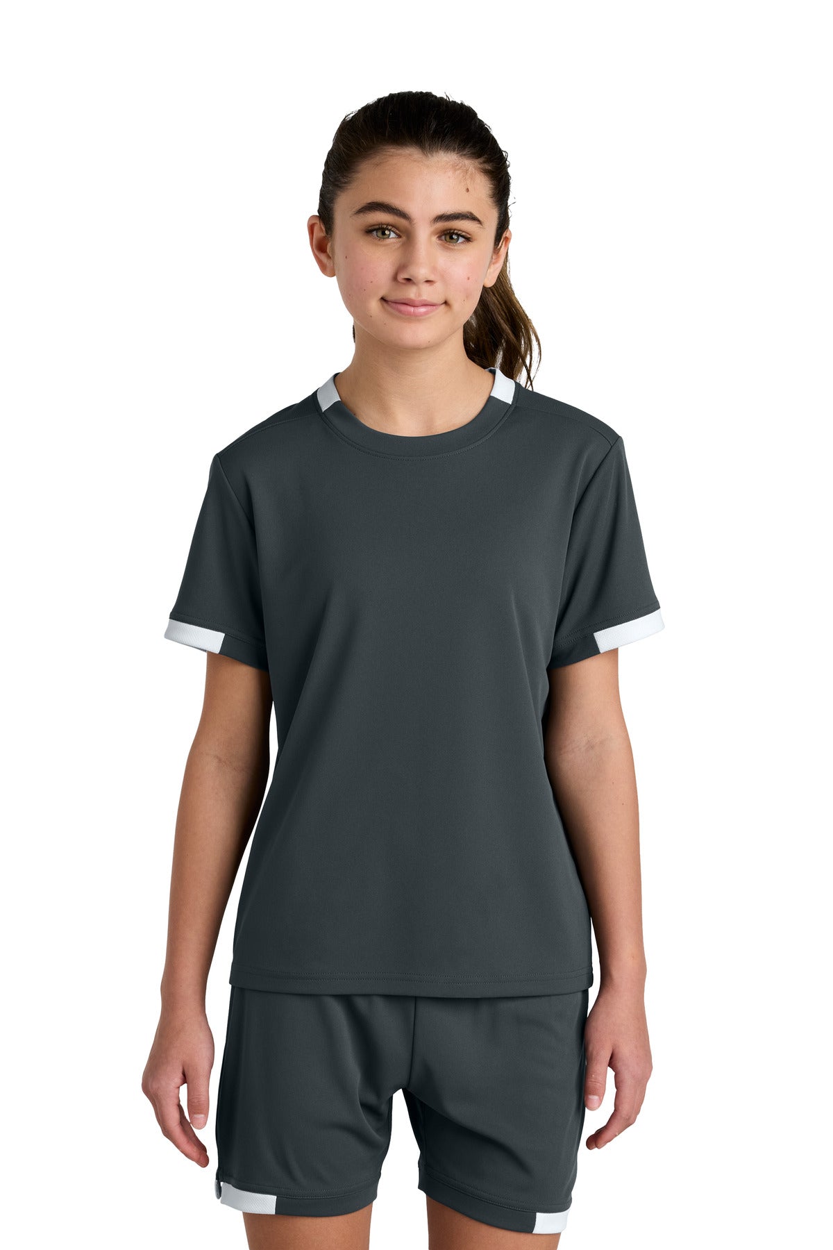 Custom Iron Grey/ White Youth Club Short Sleeve Crew YST440, personalized by SanCanDo Swag in Argyle, TX