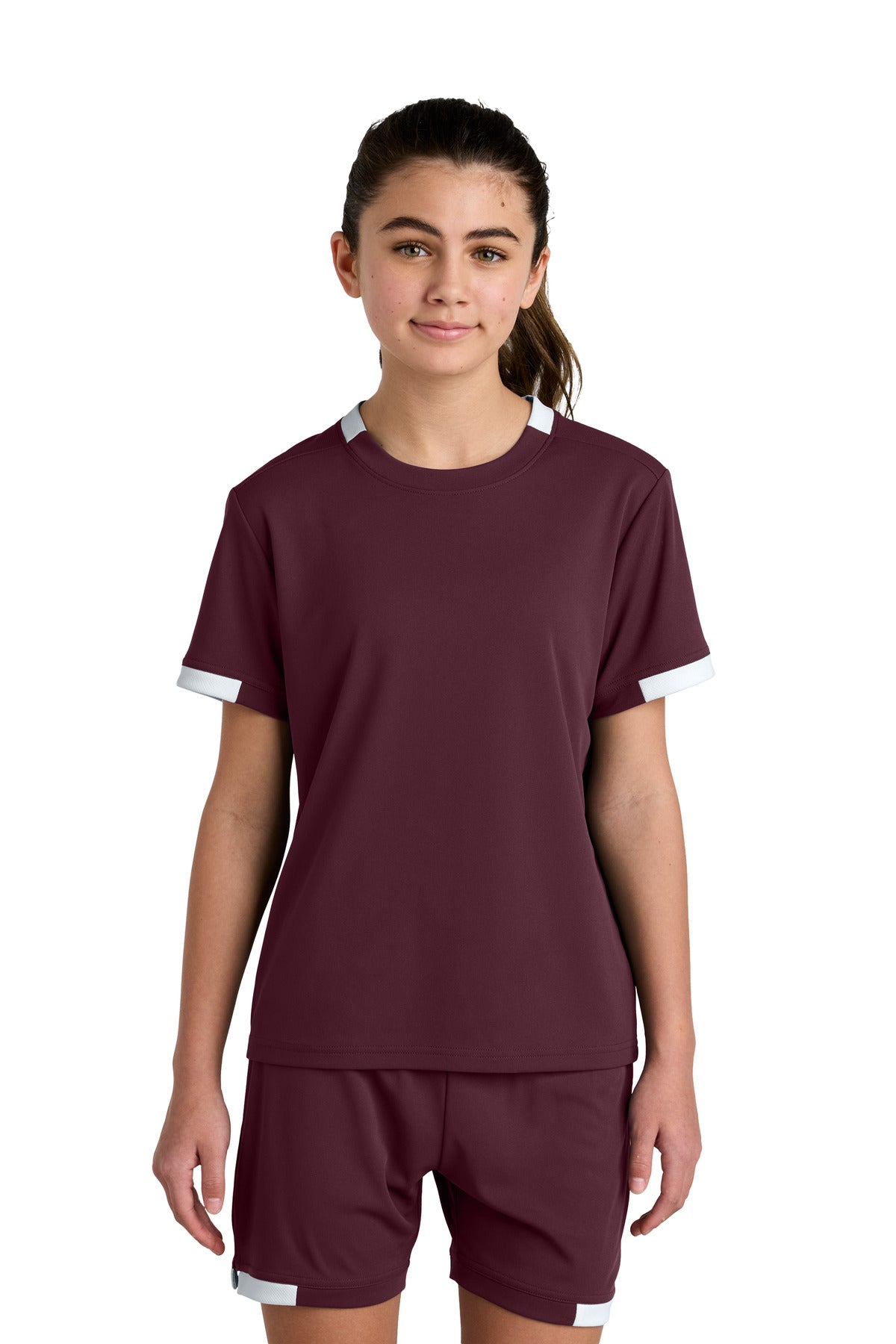 Custom Maroon/ White Youth Club Short Sleeve Crew YST440, personalized by SanCanDo Swag in Argyle, TX