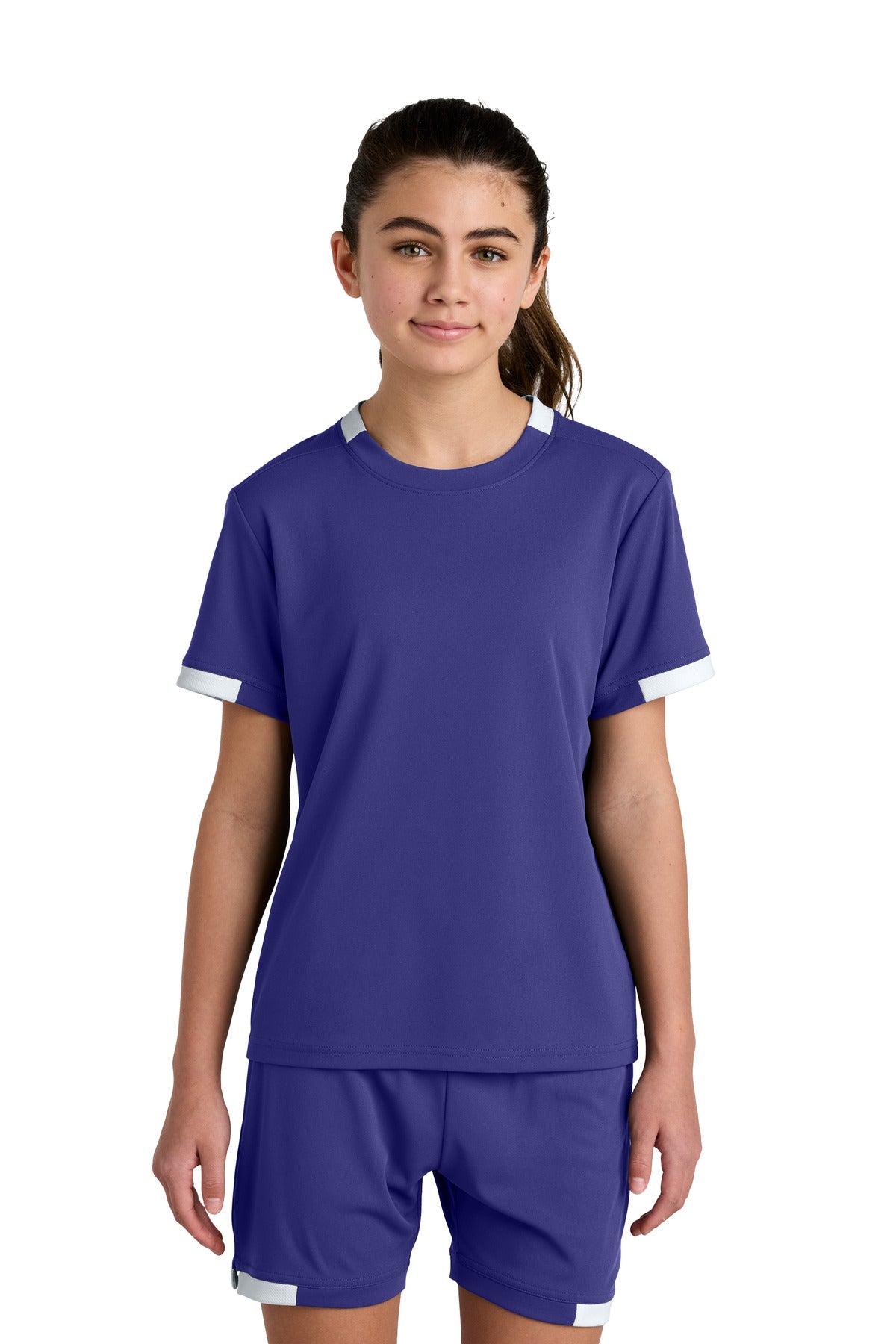 Custom Purple/ White Youth Club Short Sleeve Crew YST440, personalized by SanCanDo Swag in Argyle, TX
