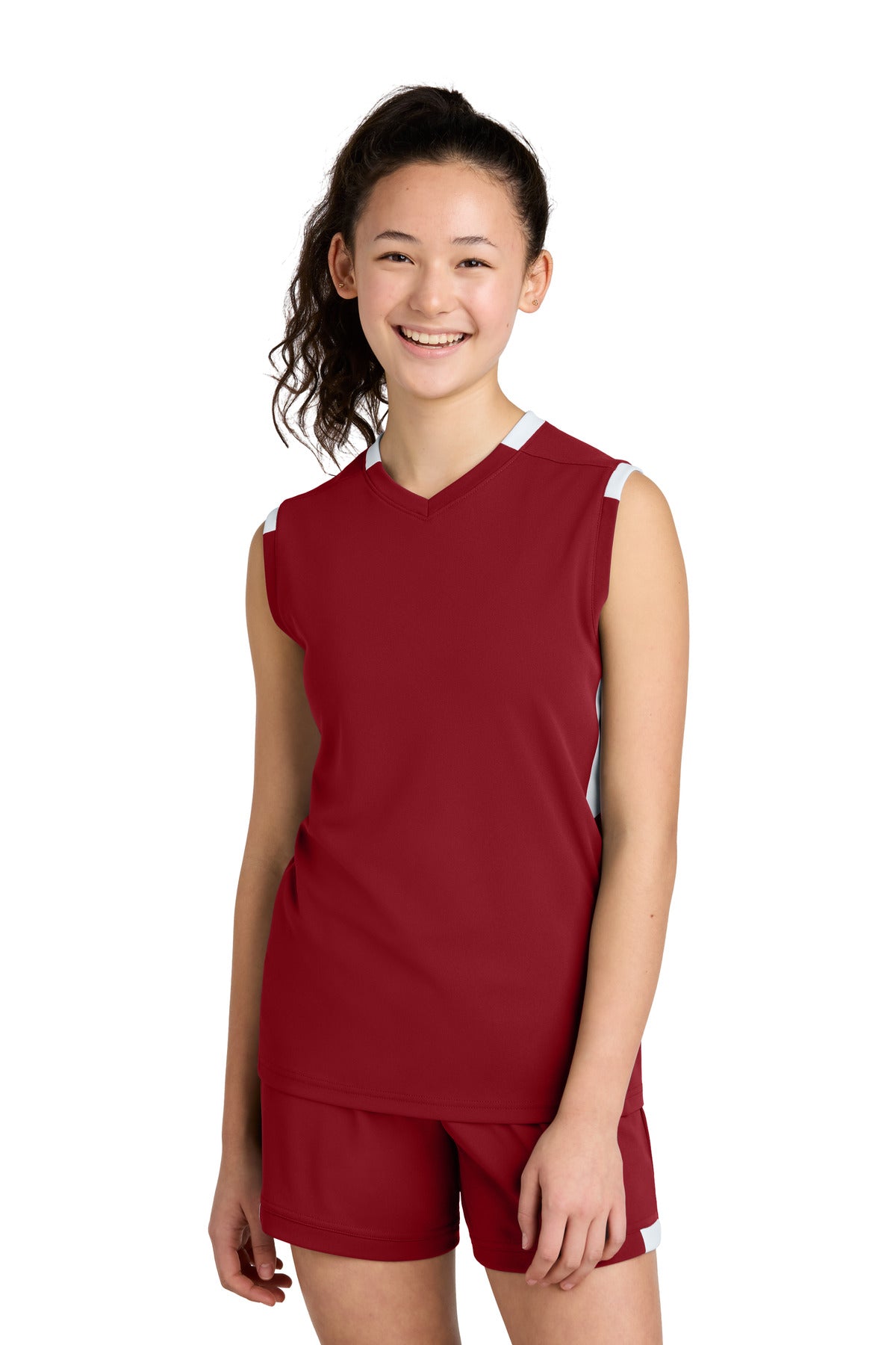 Custom Deep Red/ White Youth Club Sleeveless V-Neck YST441, personalized by SanCanDo Swag in Argyle, TX