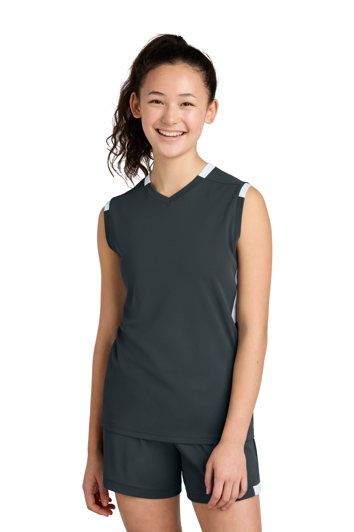 Custom Iron Grey/ White Youth Club Sleeveless V-Neck YST441, personalized by SanCanDo Swag in Argyle, TX