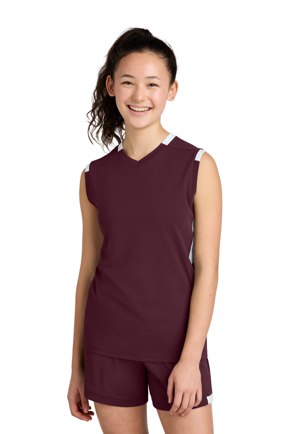 Custom Maroon/ White Youth Club Sleeveless V-Neck YST441, personalized by SanCanDo Swag in Argyle, TX