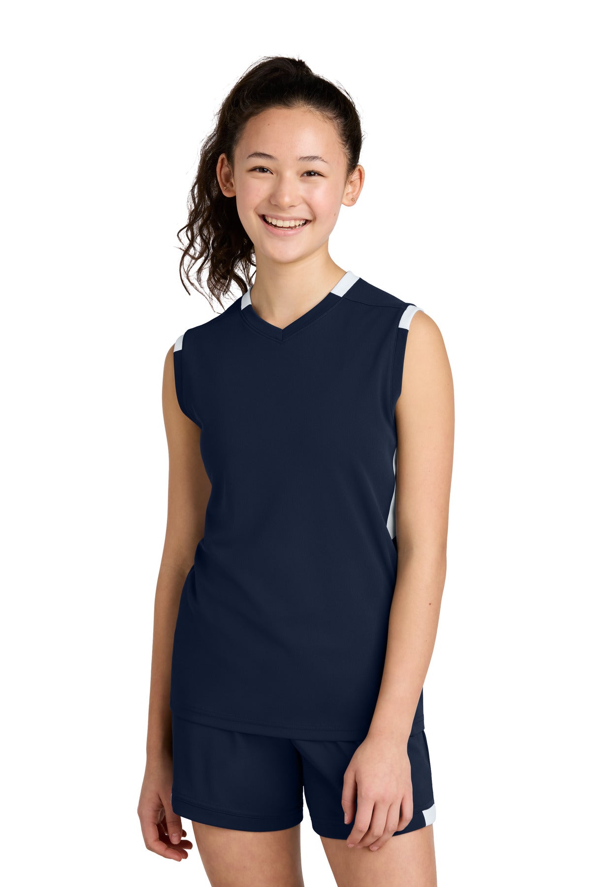 Custom True Navy/ White Youth Club Sleeveless V-Neck YST441, personalized by SanCanDo Swag in Argyle, TX