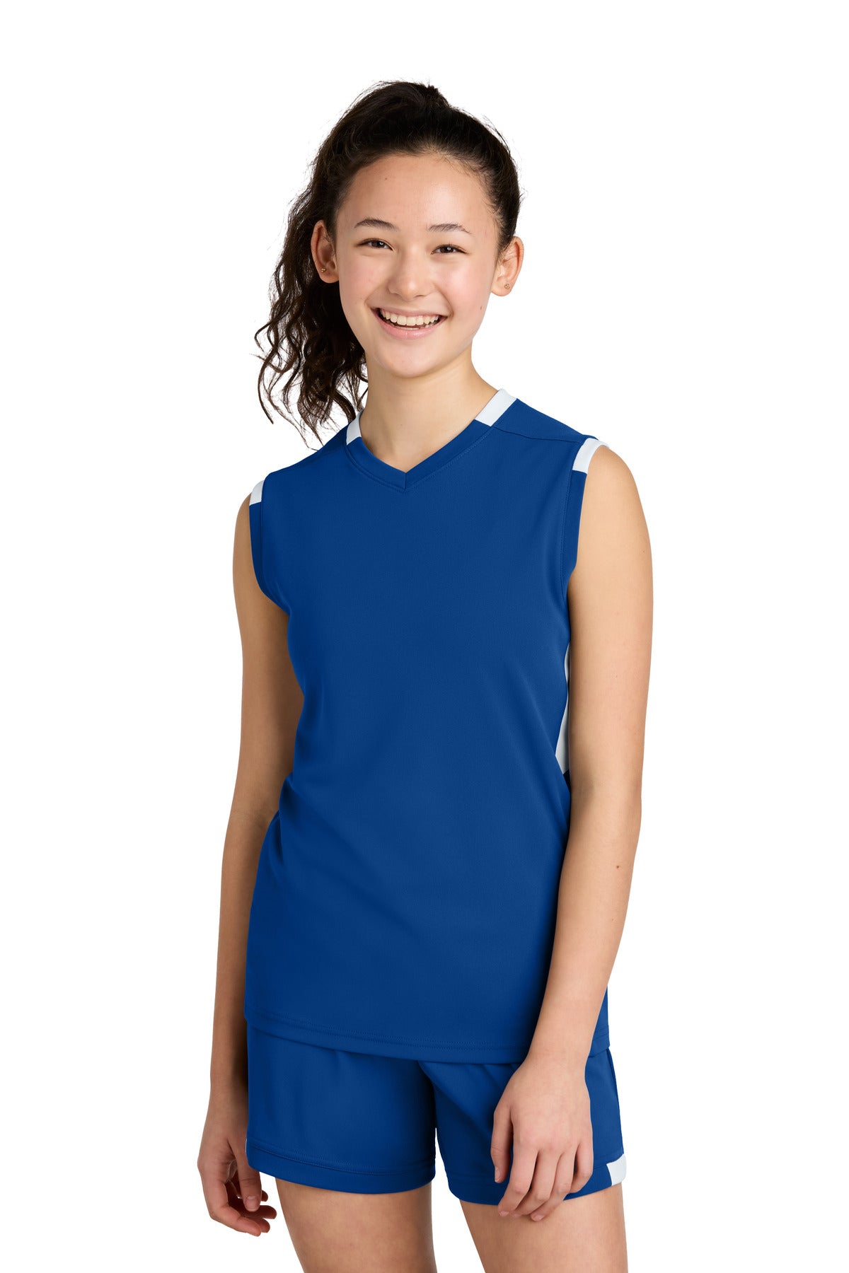 Custom True Royal/ White Youth Club Sleeveless V-Neck YST441, personalized by SanCanDo Swag in Argyle, TX