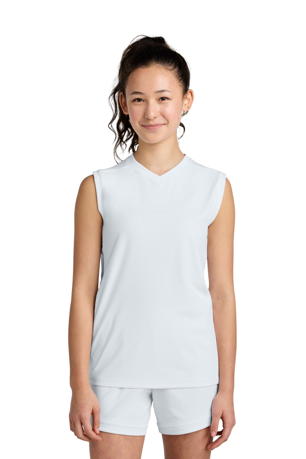 Custom White/ White Youth Club Sleeveless V-Neck YST441, personalized by SanCanDo Swag in Argyle, TX