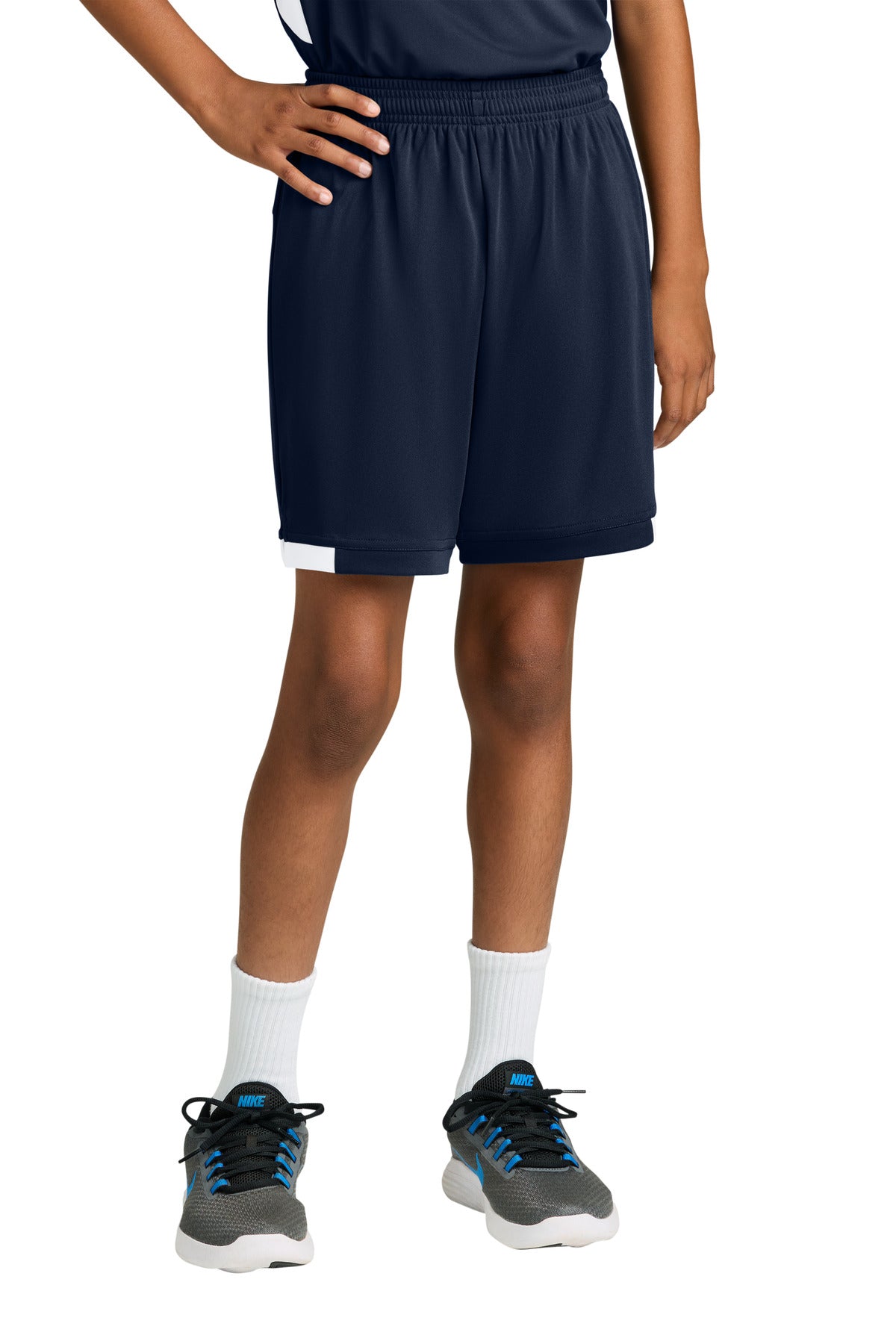 Custom True Navy/ White Youth Club 5" Short YST4420, personalized by SanCanDo Swag in Argyle, TX