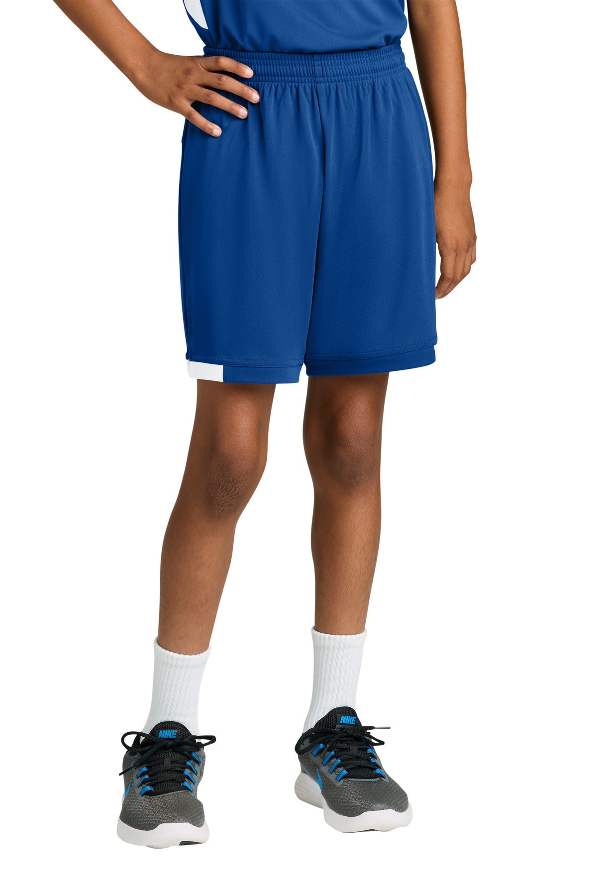 Custom True Royal/ White Youth Club 5" Short YST4420, personalized by SanCanDo Swag in Argyle, TX