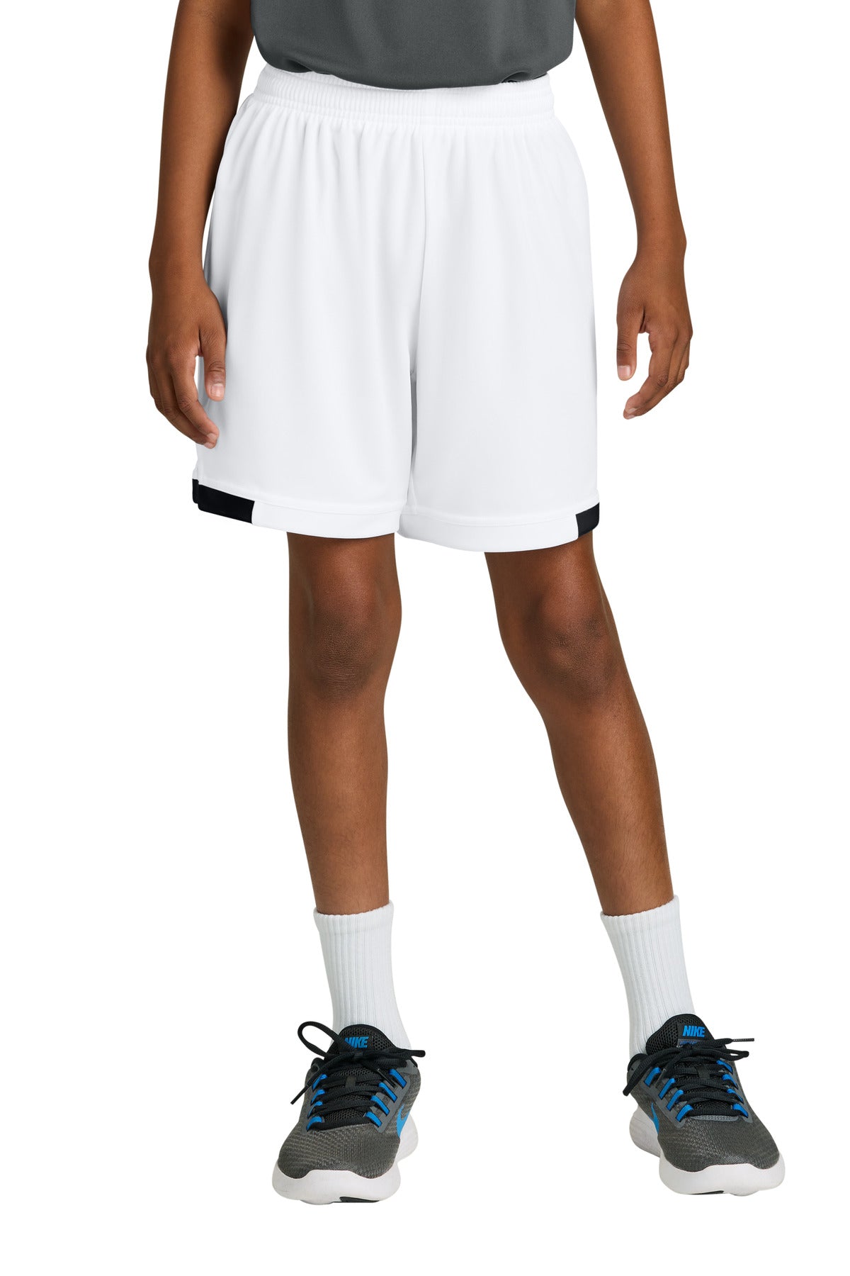 Custom White/ Black Youth Club 5" Short YST4420, personalized by SanCanDo Swag in Argyle, TX