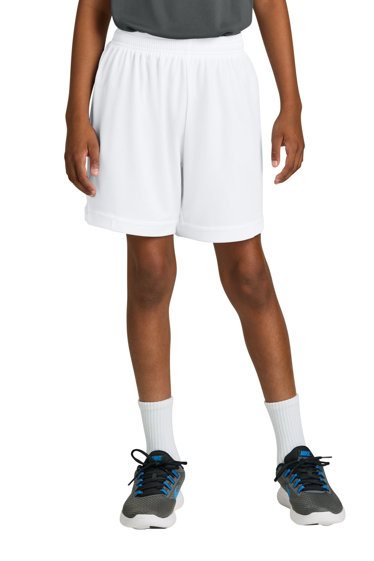 Custom White/ White Youth Club 5" Short YST4420, personalized by SanCanDo Swag in Argyle, TX